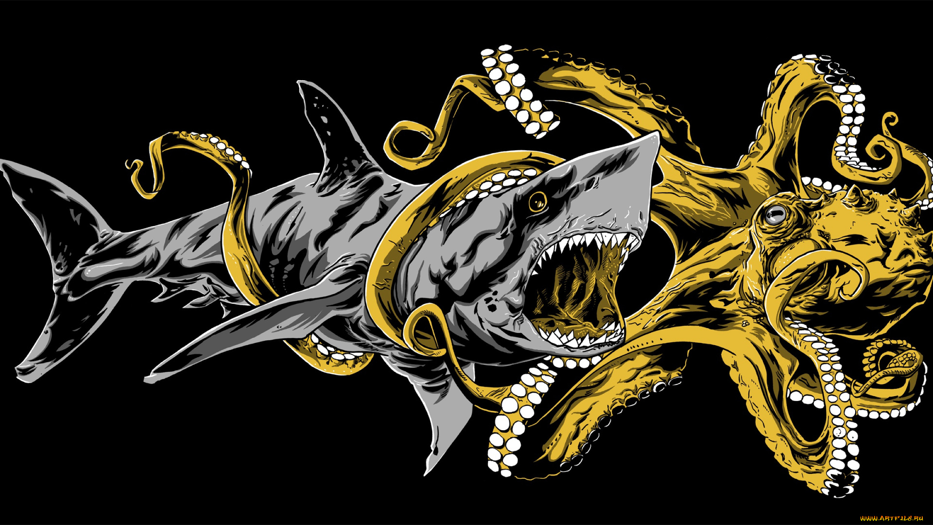 рисованное, минимализм, осьминог, битва, акула, пасть