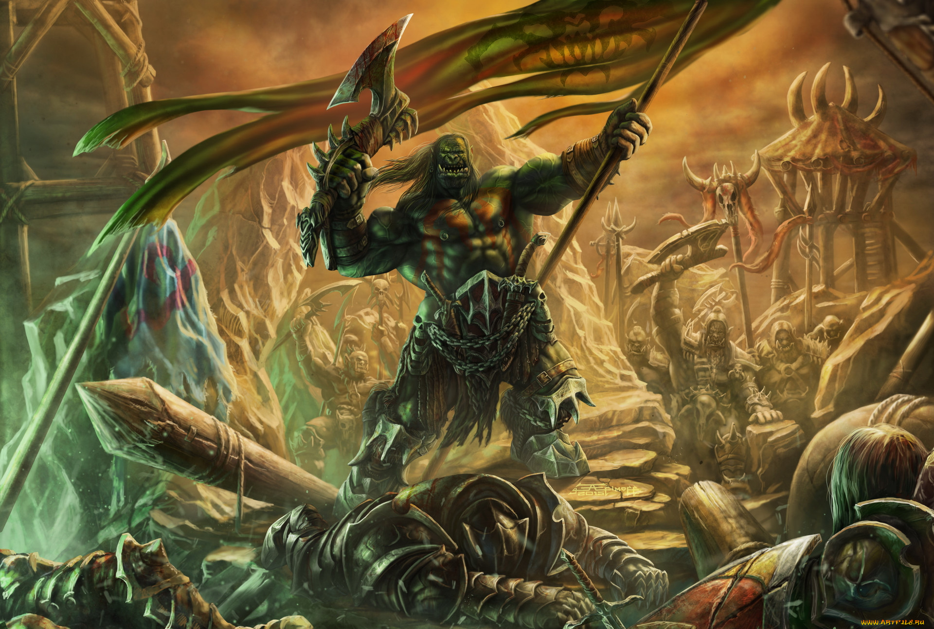 фэнтези, существа, орки, сражение, поле, воины