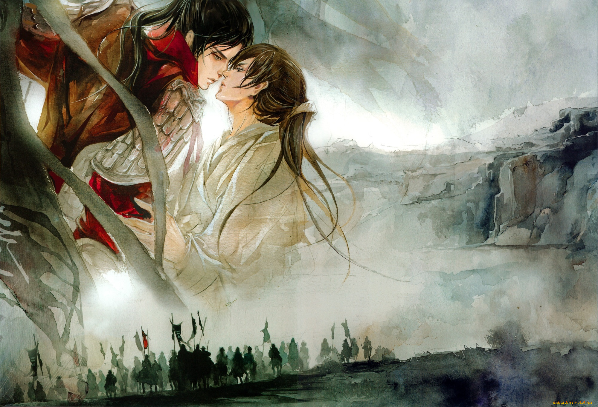 аниме, unknown, , другое, конница, парни, армия, знамена, рисунок, длинные, волосы, акварель, eno, туман, доспехи, art