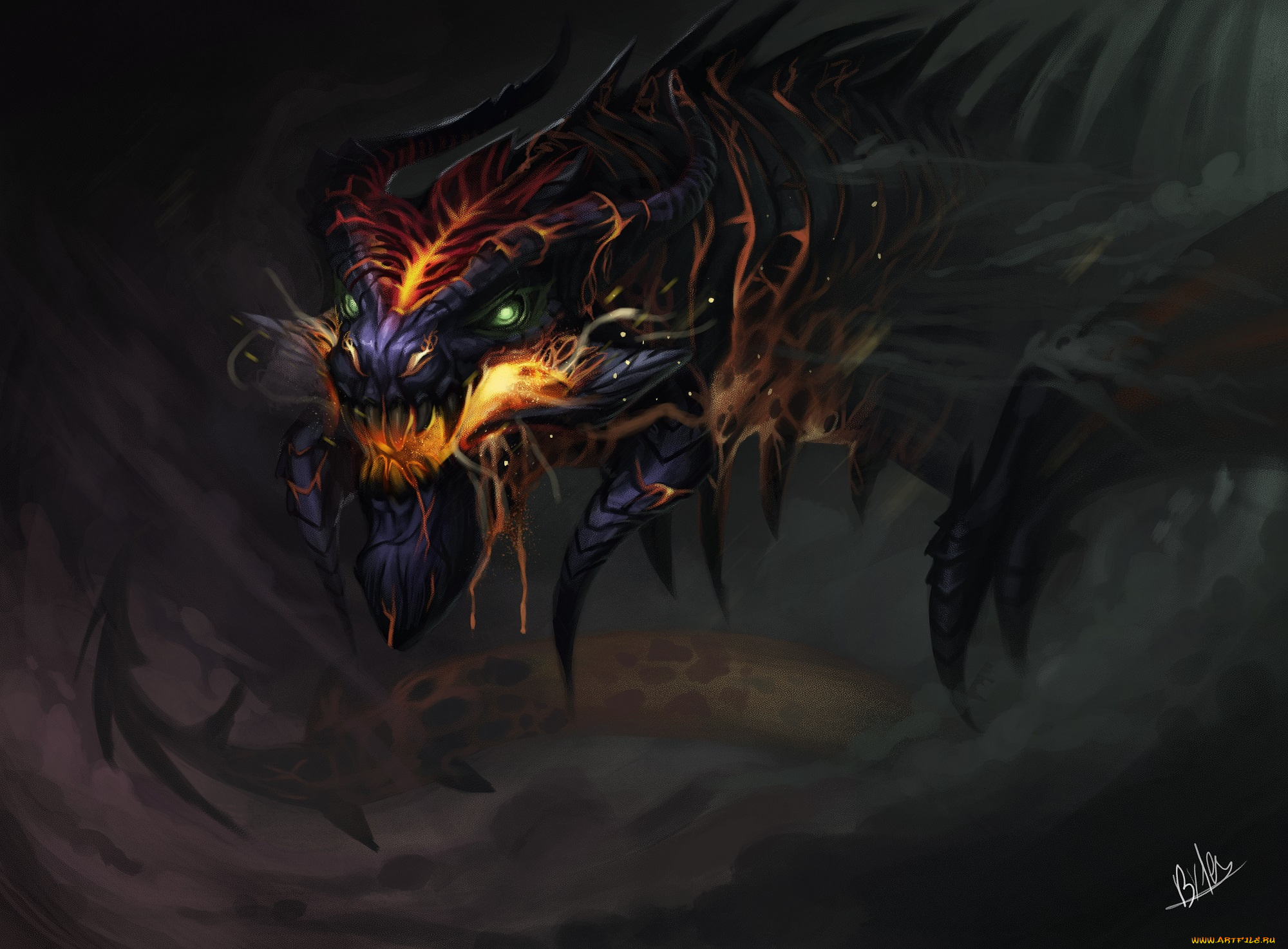 фэнтези, драконы, огонь, небо, by, tehchan, дым, дракон