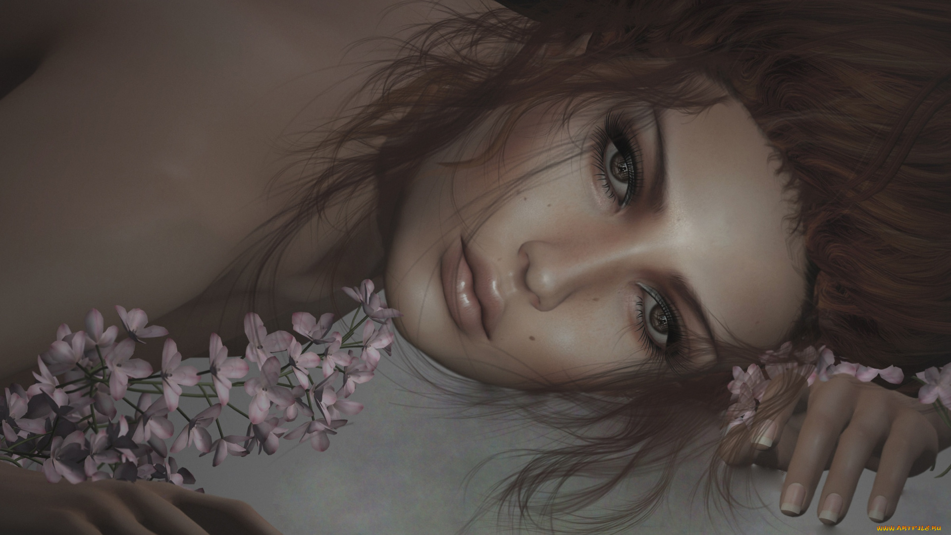 3д, графика, портрет, , portraits, настроение, грусть, волосы, цветы, девушка