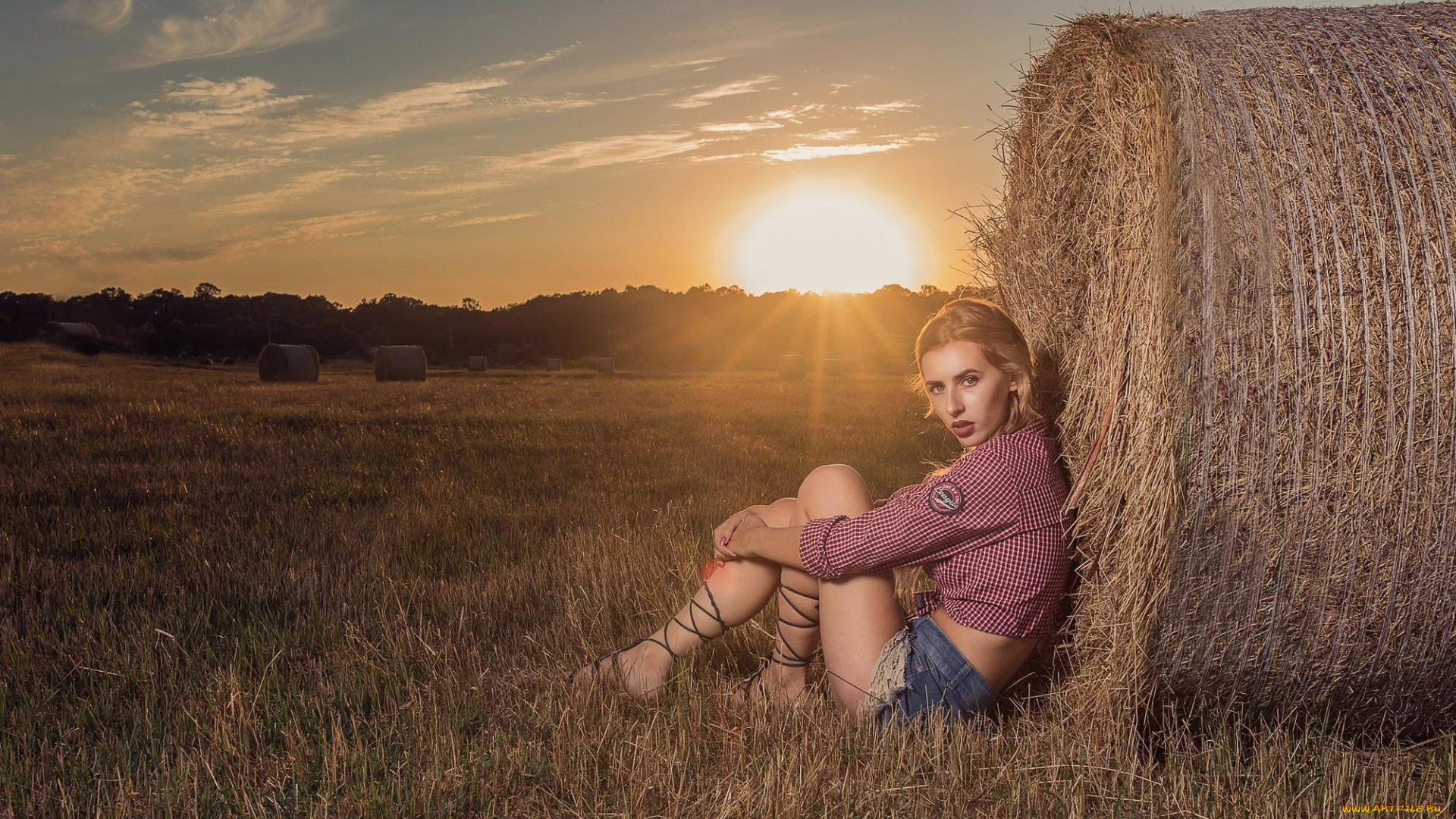девушки, -unsort, , блондинки, , светловолосые, поле, облака, рубашка, шорты, небо, заря, сено