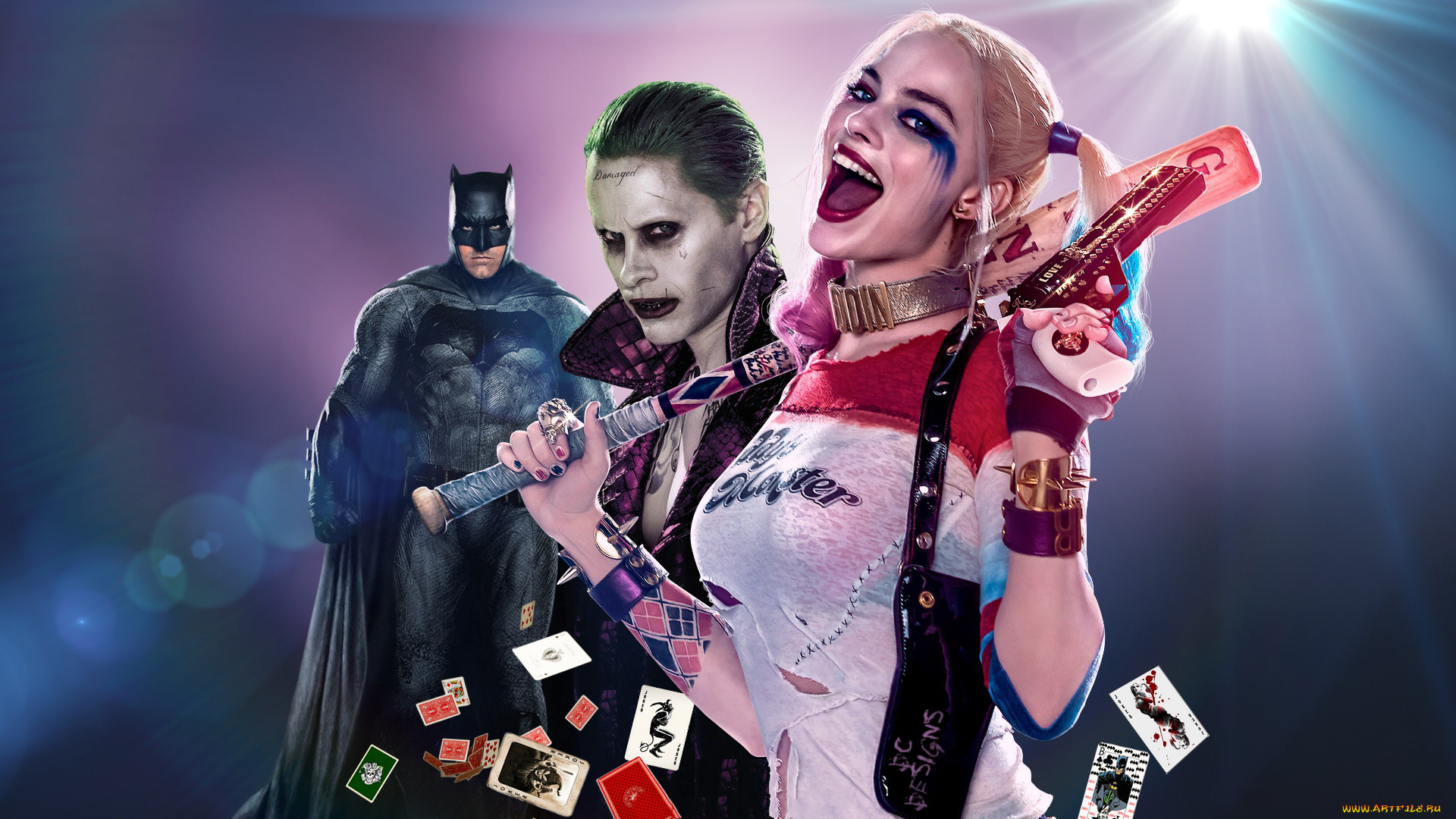 кино, фильмы, suicide, squad, карты, фон, взгляд, бита, мужчины, девушка