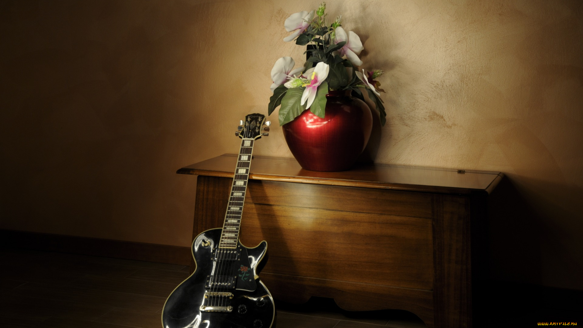 музыка, -музыкальные, инструменты, гитара, стол, ваза, цветы