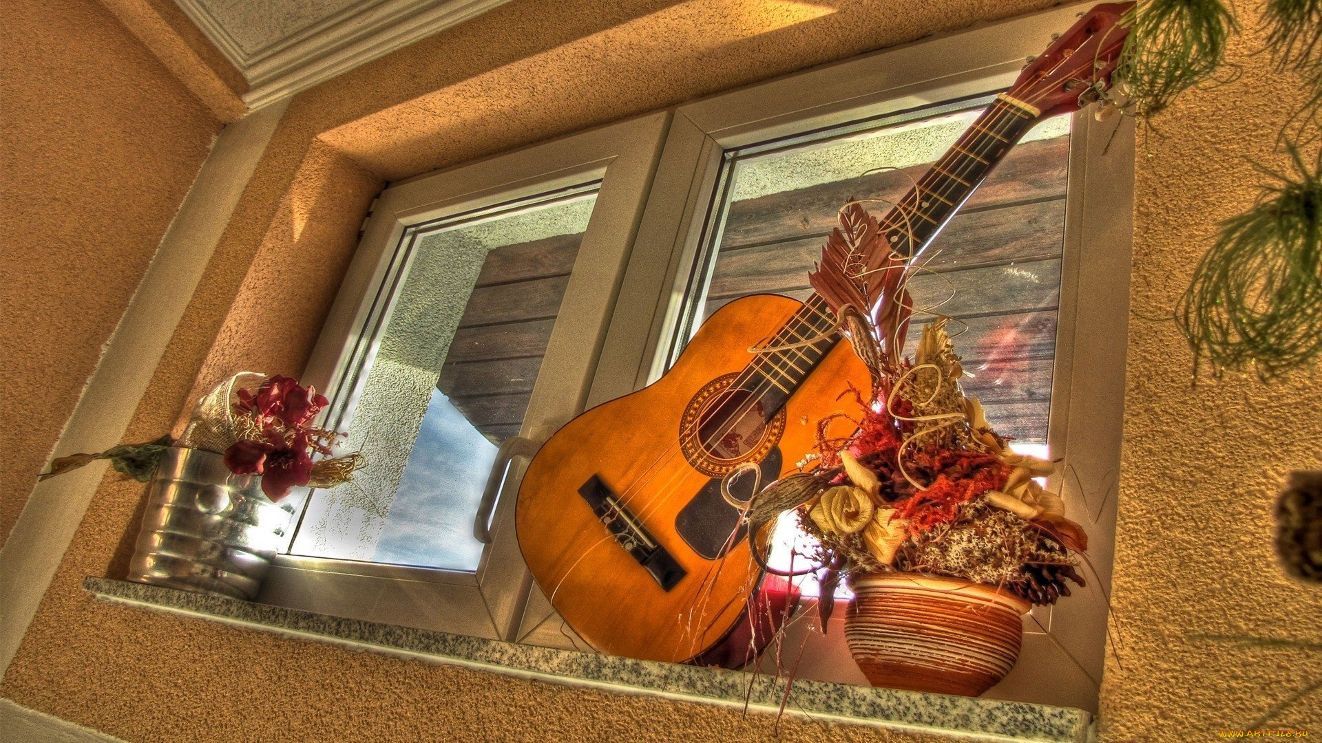 музыка, -музыкальные, инструменты, икебана, окно, гитара