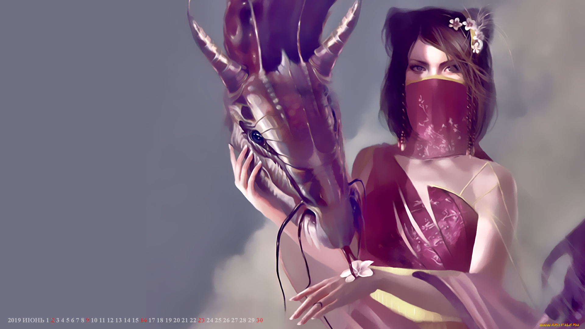 календари, фэнтези, 2019, calendar, цветок, женщина, взгляд, дракон, девушка