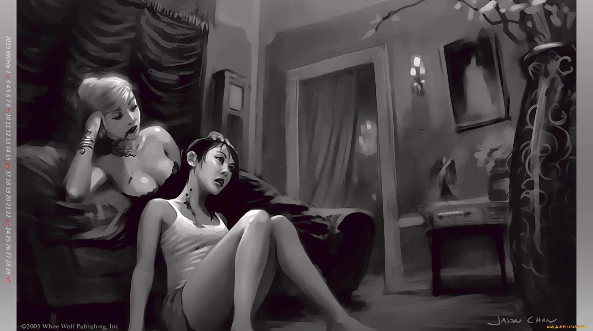 календари, фэнтези, calendar, мебель, женщина, комната, диван, 2019, кровь, девушка, вампир