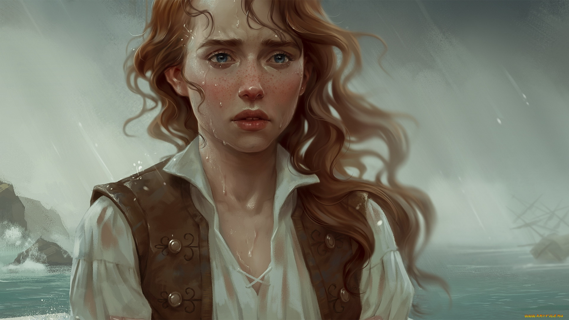 рисованное, люди, девушка, фон, дождь, корабль