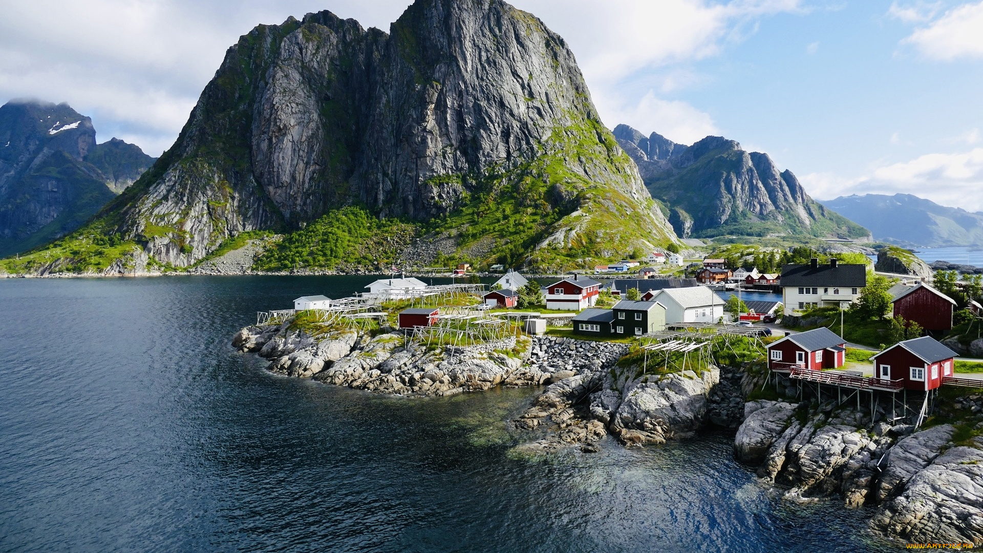 города, лофотенские, острова, , норвегия, горы, фьорд, дома