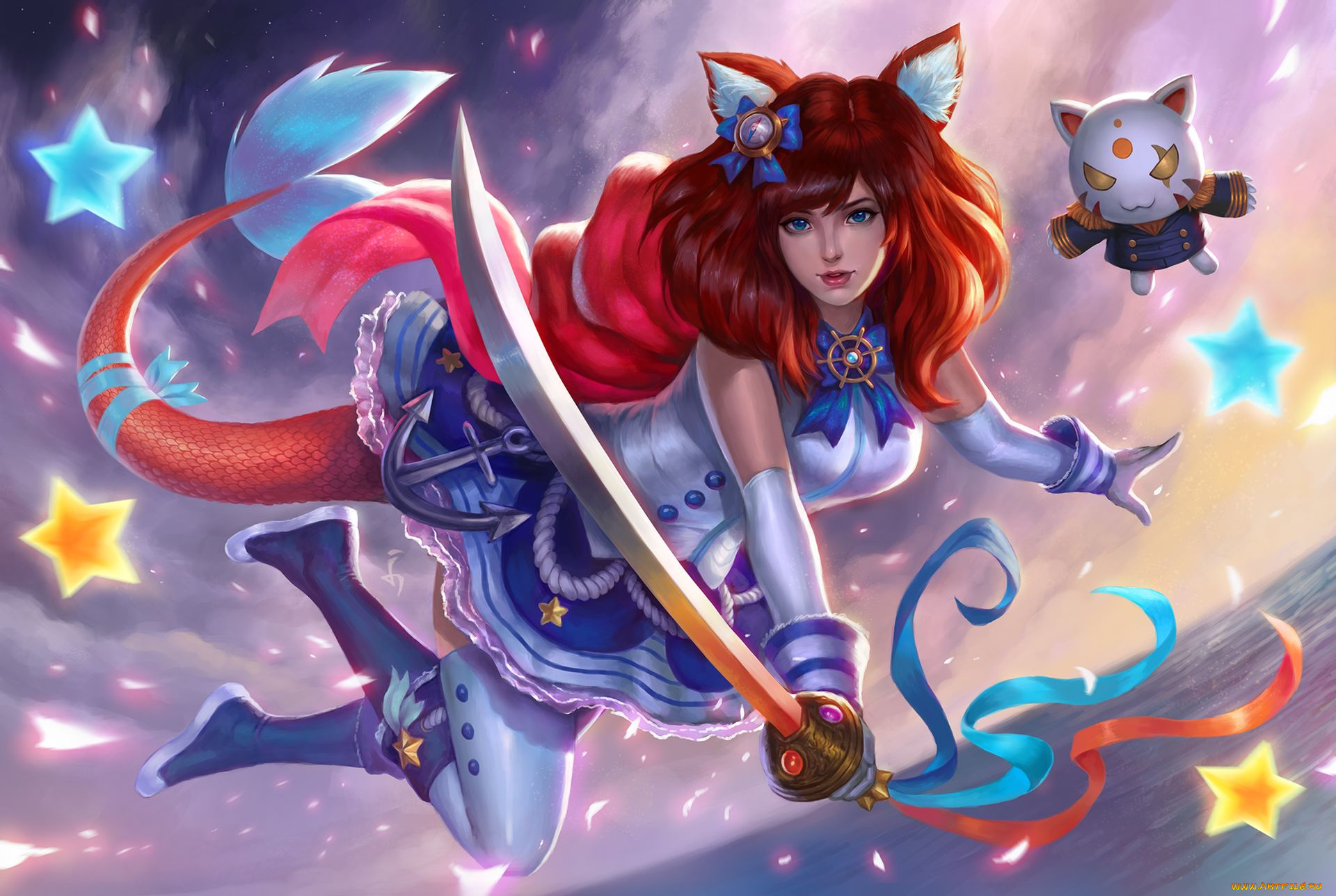 фэнтези, существа, девушка, фон, взгляд, хвост, ушки, сабля