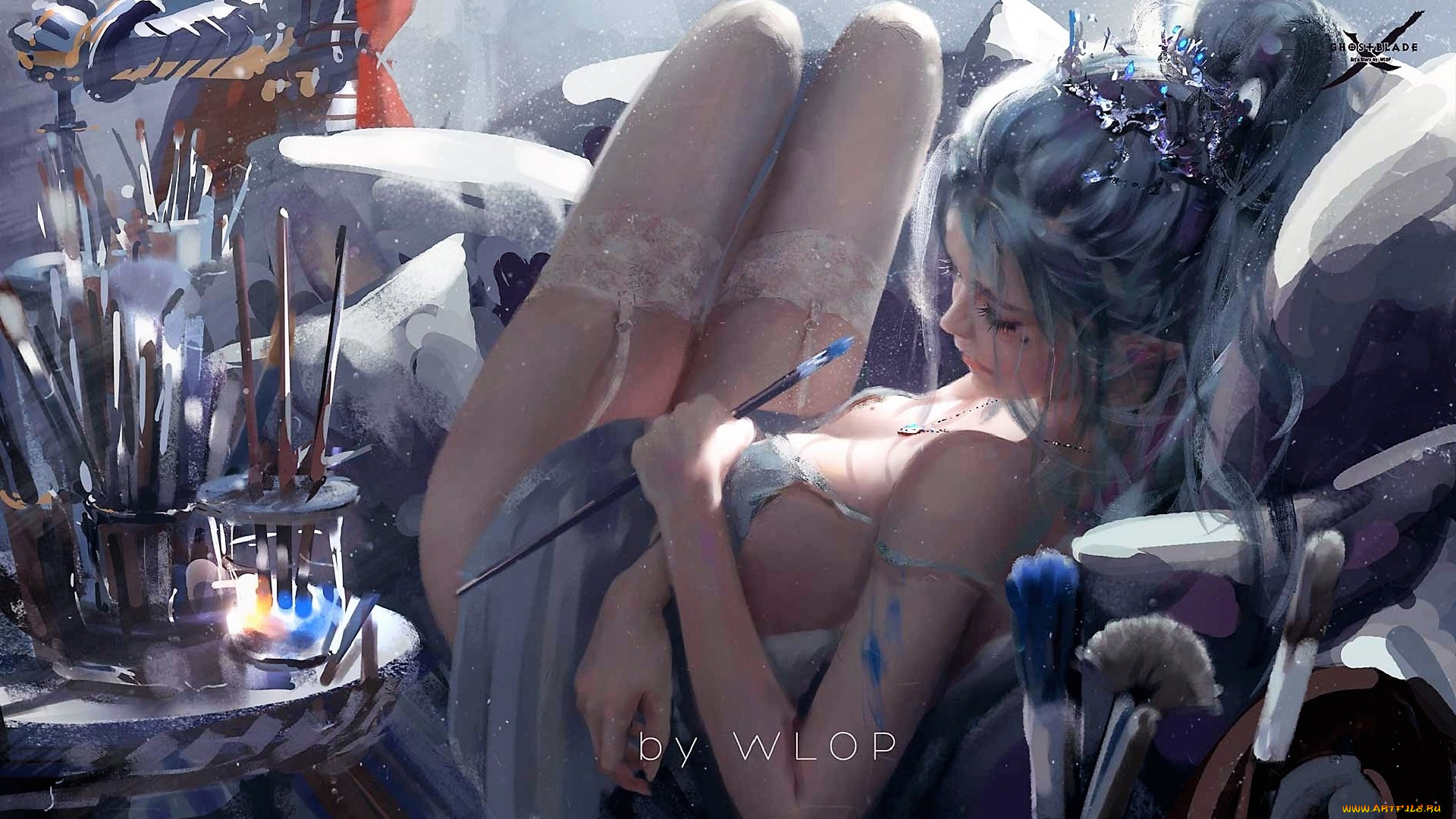 фэнтези, _ghost, blade, , , призрачный, клинок, девушка, кисти, диван