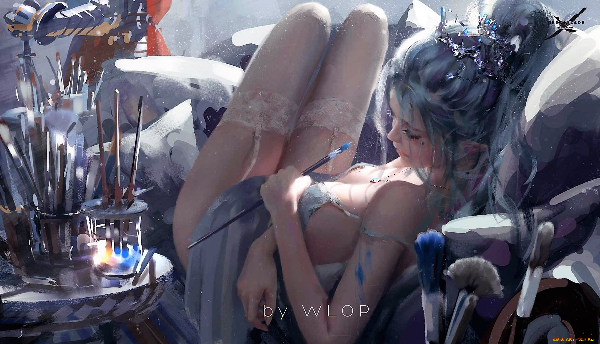 фэнтези, _ghost, blade, , , призрачный, клинок, девушка, кисти, диван