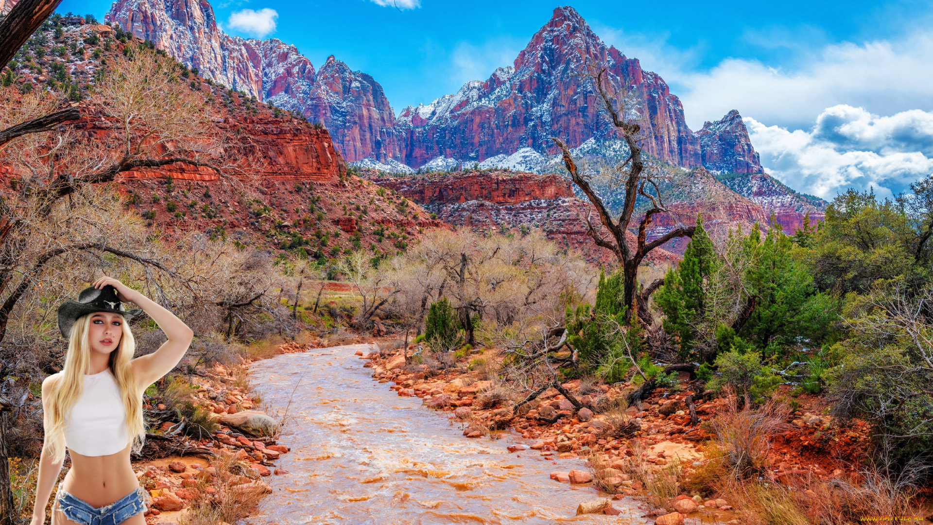 девушки, -, блондинки, , светловолосые, горы, дорога, блондинка, шляпа, топ, шорты