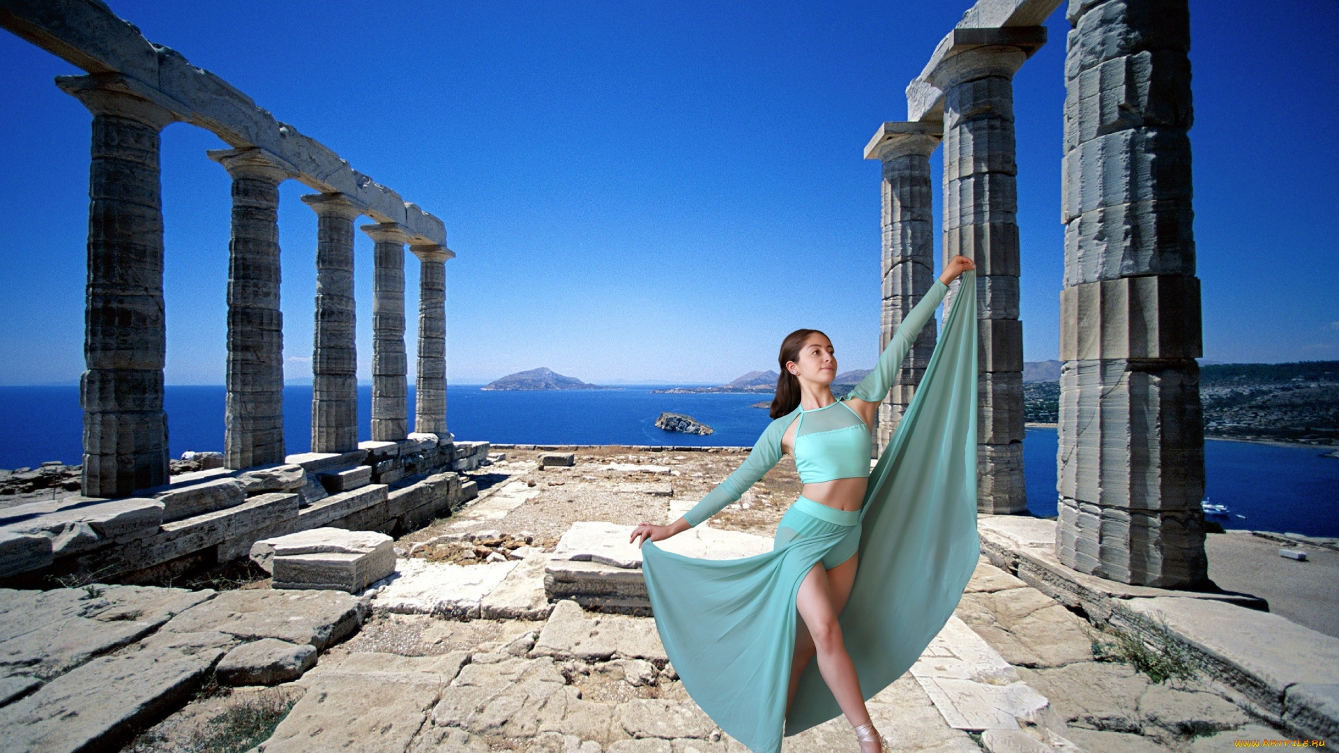 девушки, -, брюнетки, , шатенки, море, греция, руины, храм, балерина