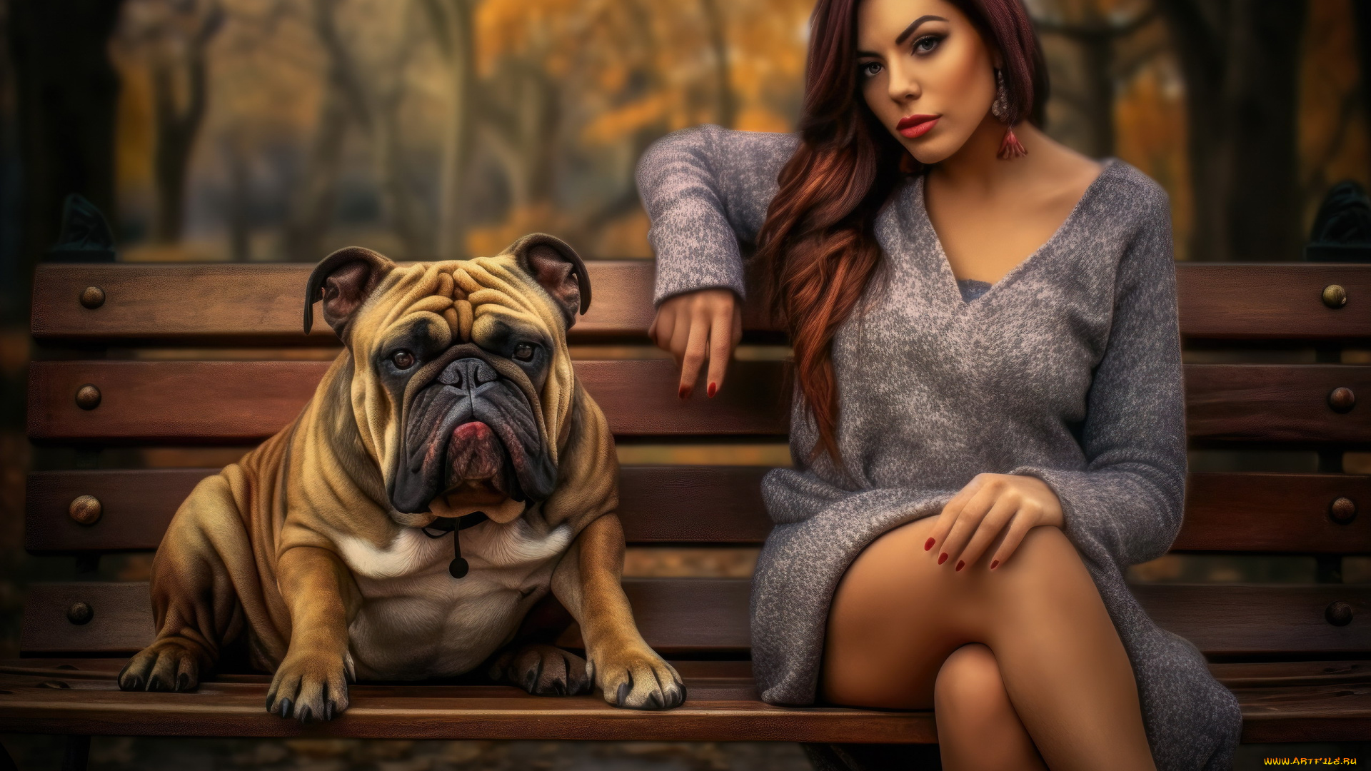 девушки, -, рыжеволосые, и, разноцветные, скамейка, макияж, поза, собака