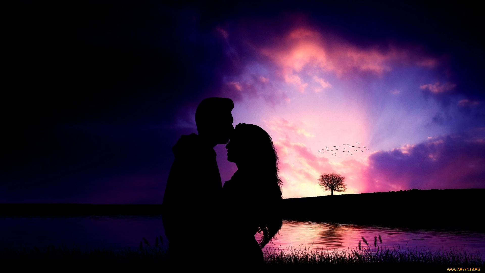 векторная, графика, люди, , people, пара, силуэты, поцелуй, озеро, тучи, дерево