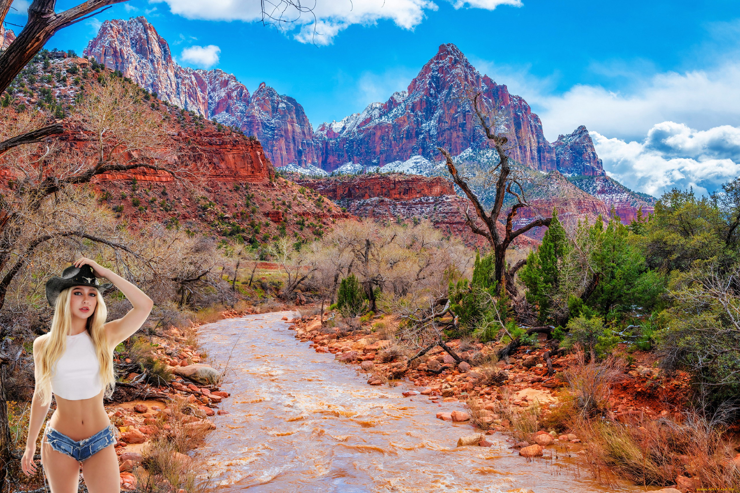 девушки, -, блондинки, , светловолосые, горы, дорога, блондинка, шляпа, топ, шорты