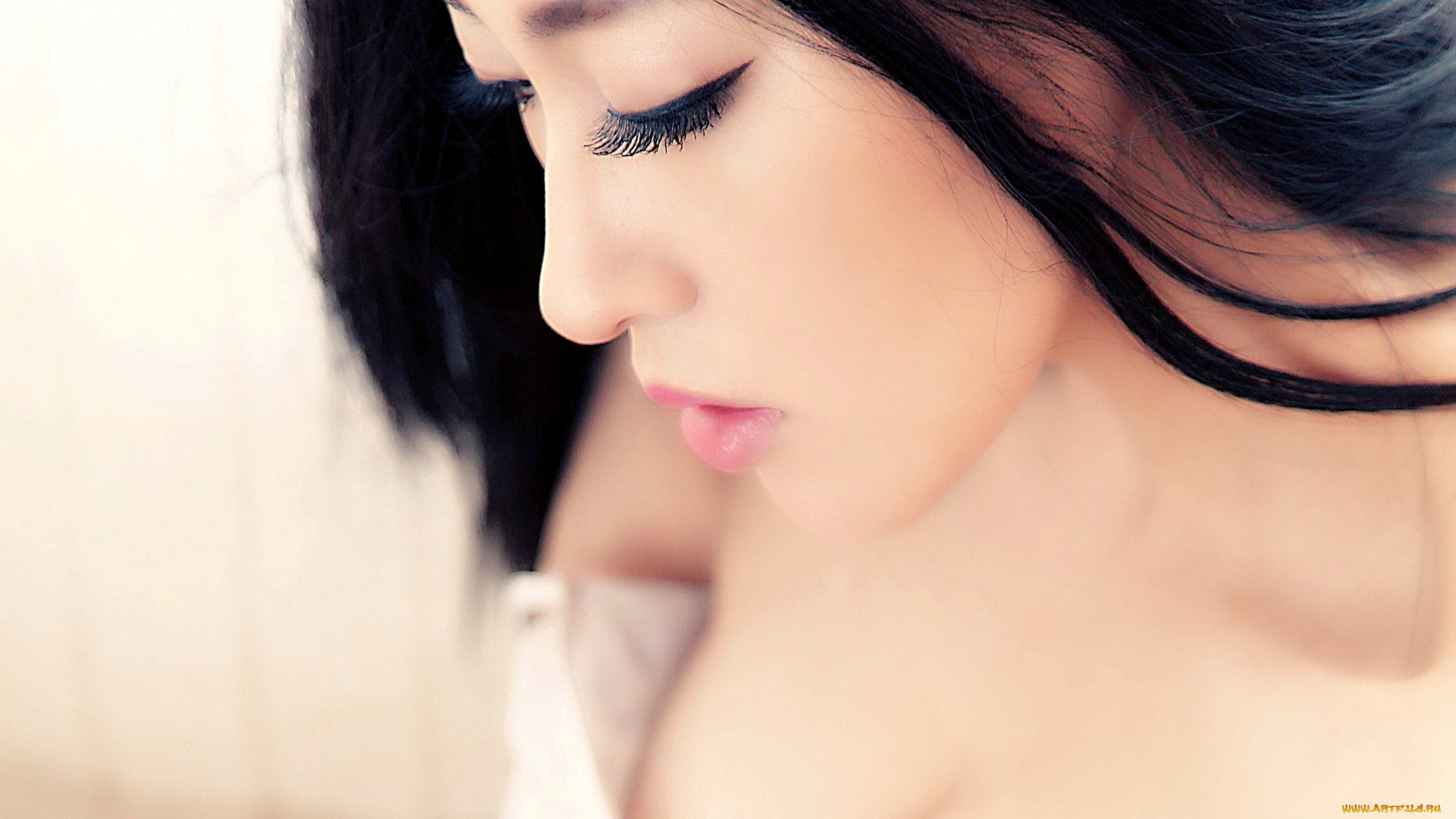 девушки, -, лица, , портреты, азиатка, лицо, ресницы