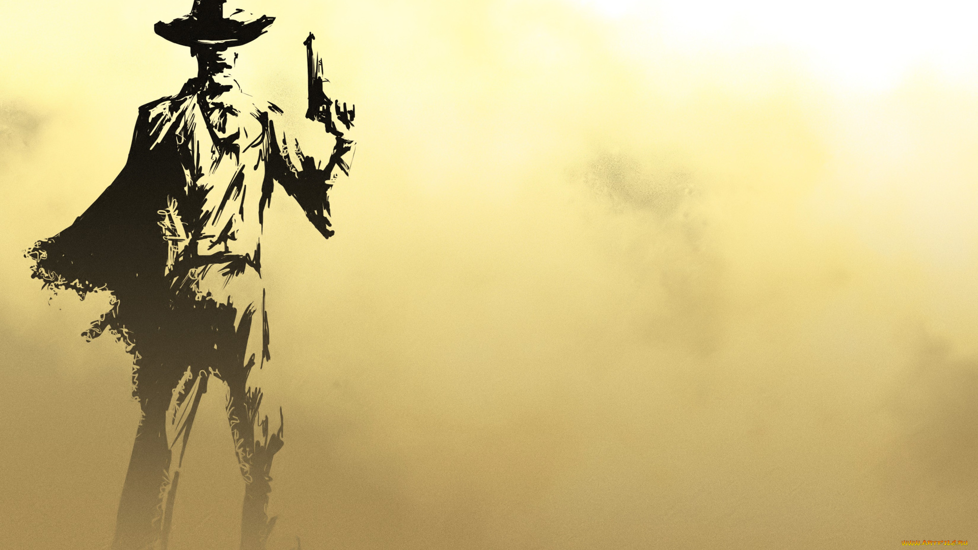 рисованное, люди, ковбой, шляпа, пистолет, буря