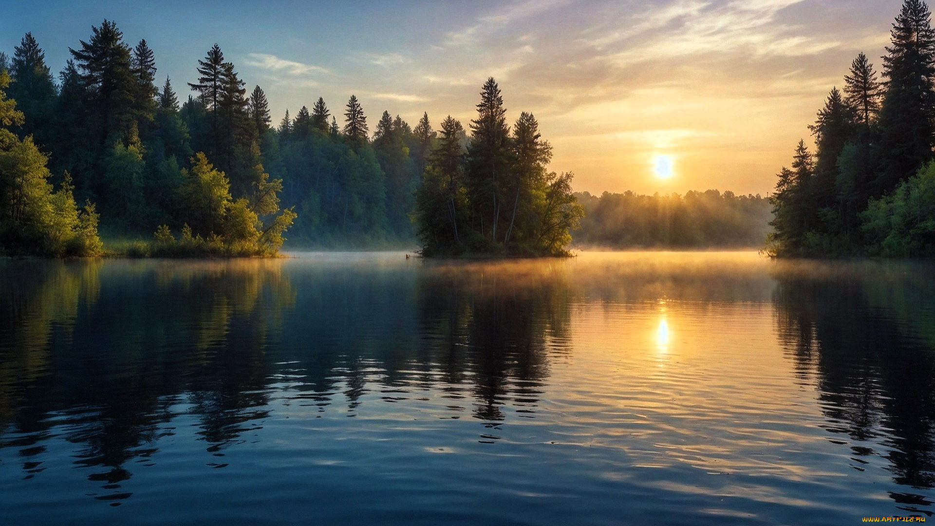 рисованное, природа, лес, озеро, восход, туман