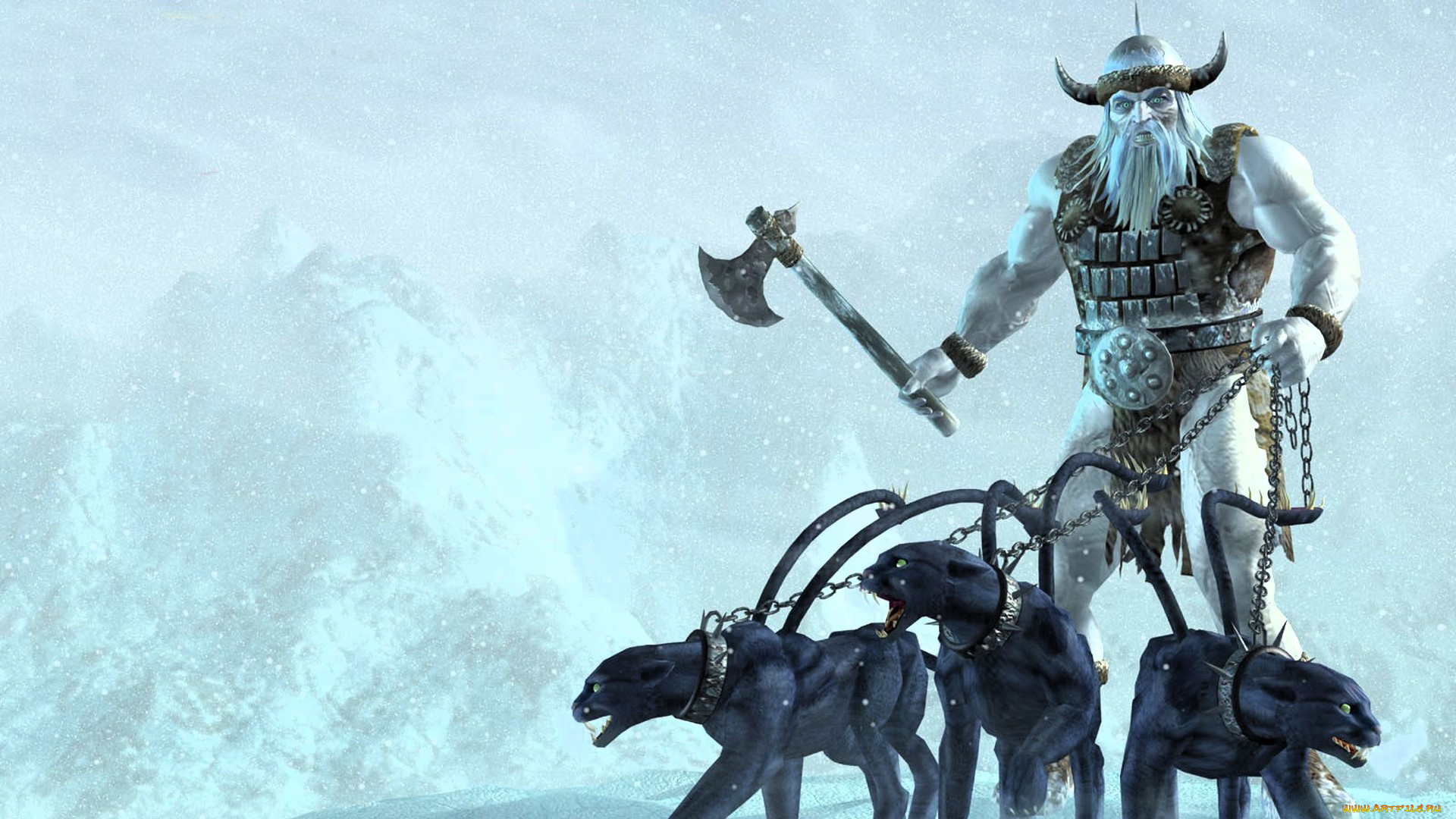 видео, игры, baldur`s, gate, , dark, alliance, викинг, великан, топор, снег, цепи, пантеры