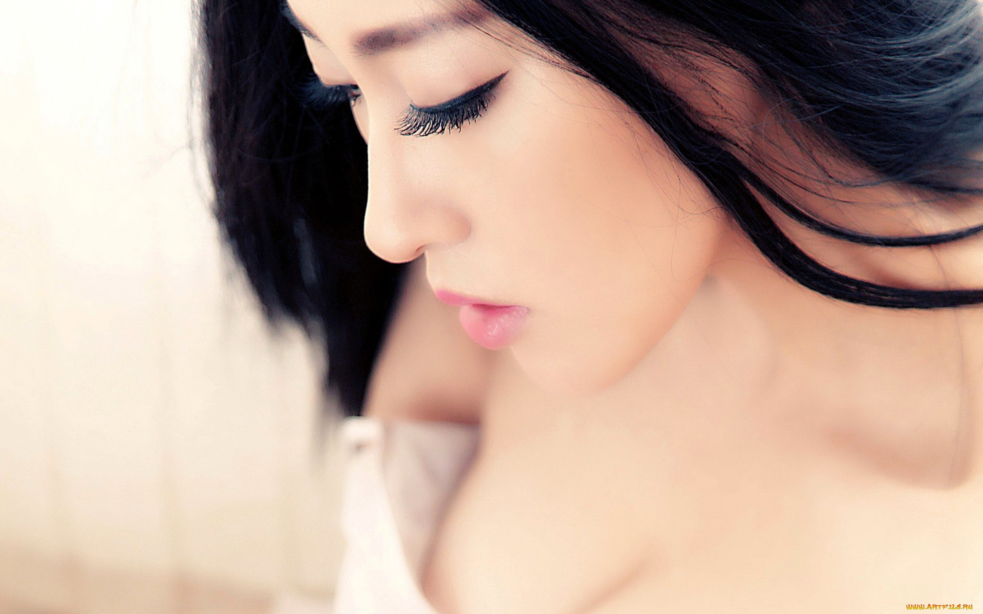 девушки, -, лица, , портреты, азиатка, лицо, ресницы