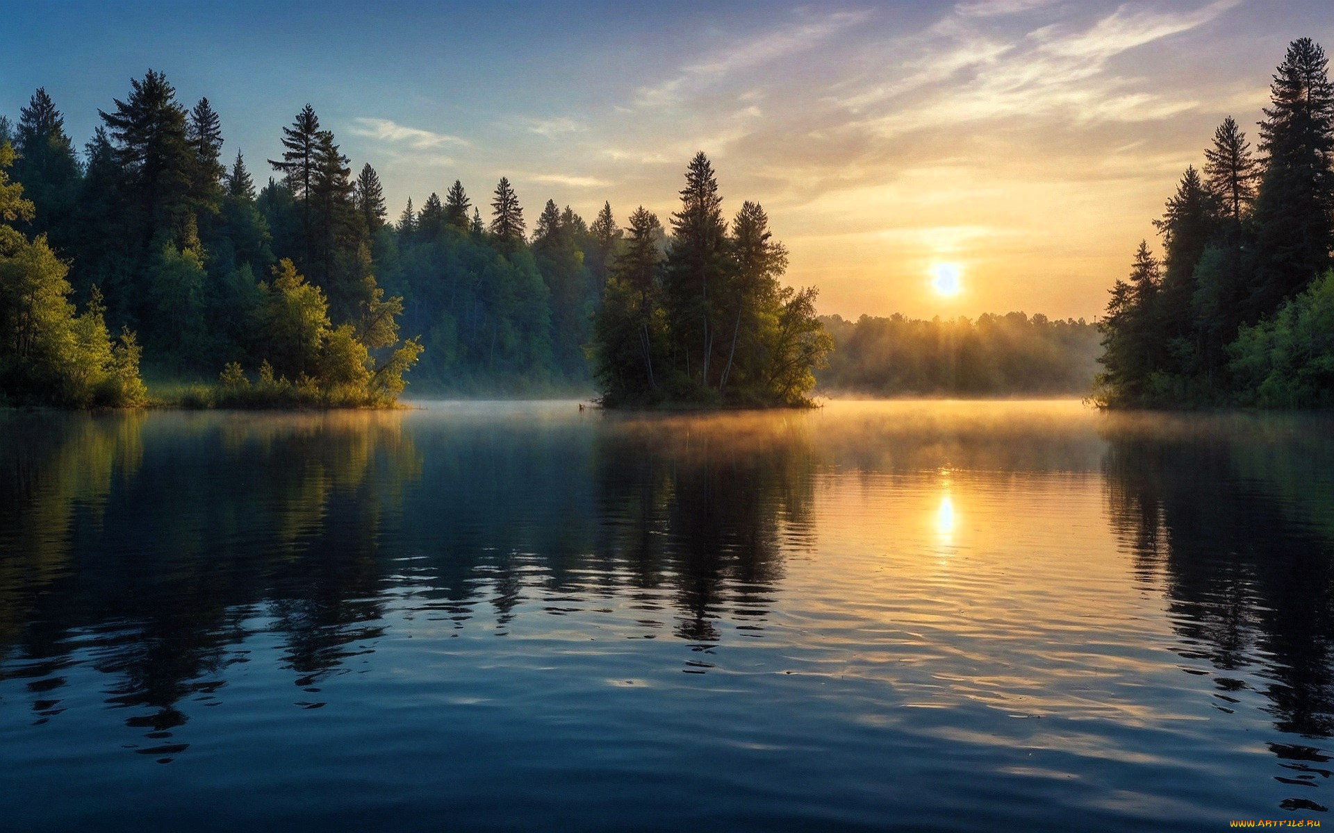 рисованное, природа, лес, озеро, восход, туман