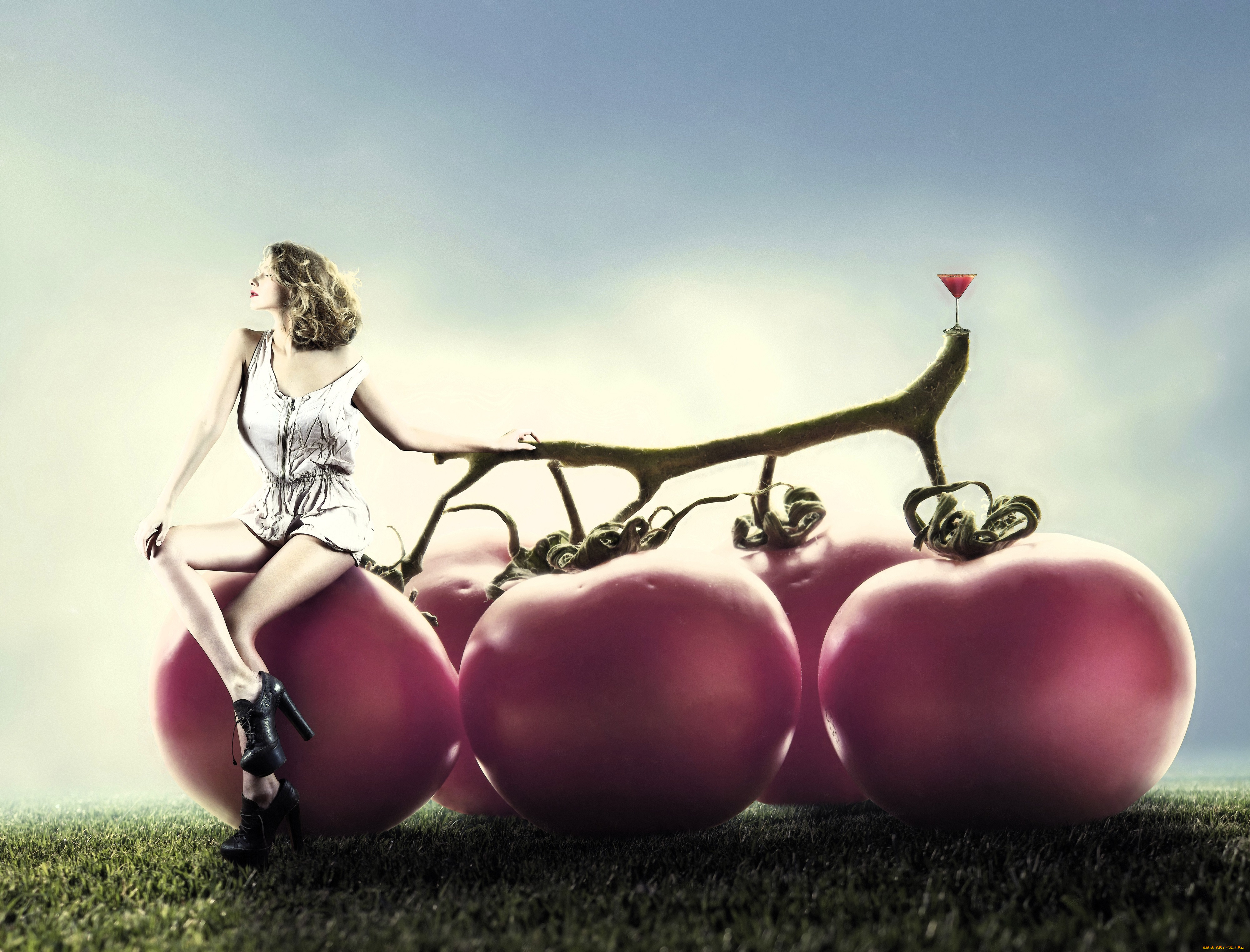 девушки, -, креатив, , косплей, блондинка, наряд, каблуки, помидоры, ветка, лужайка