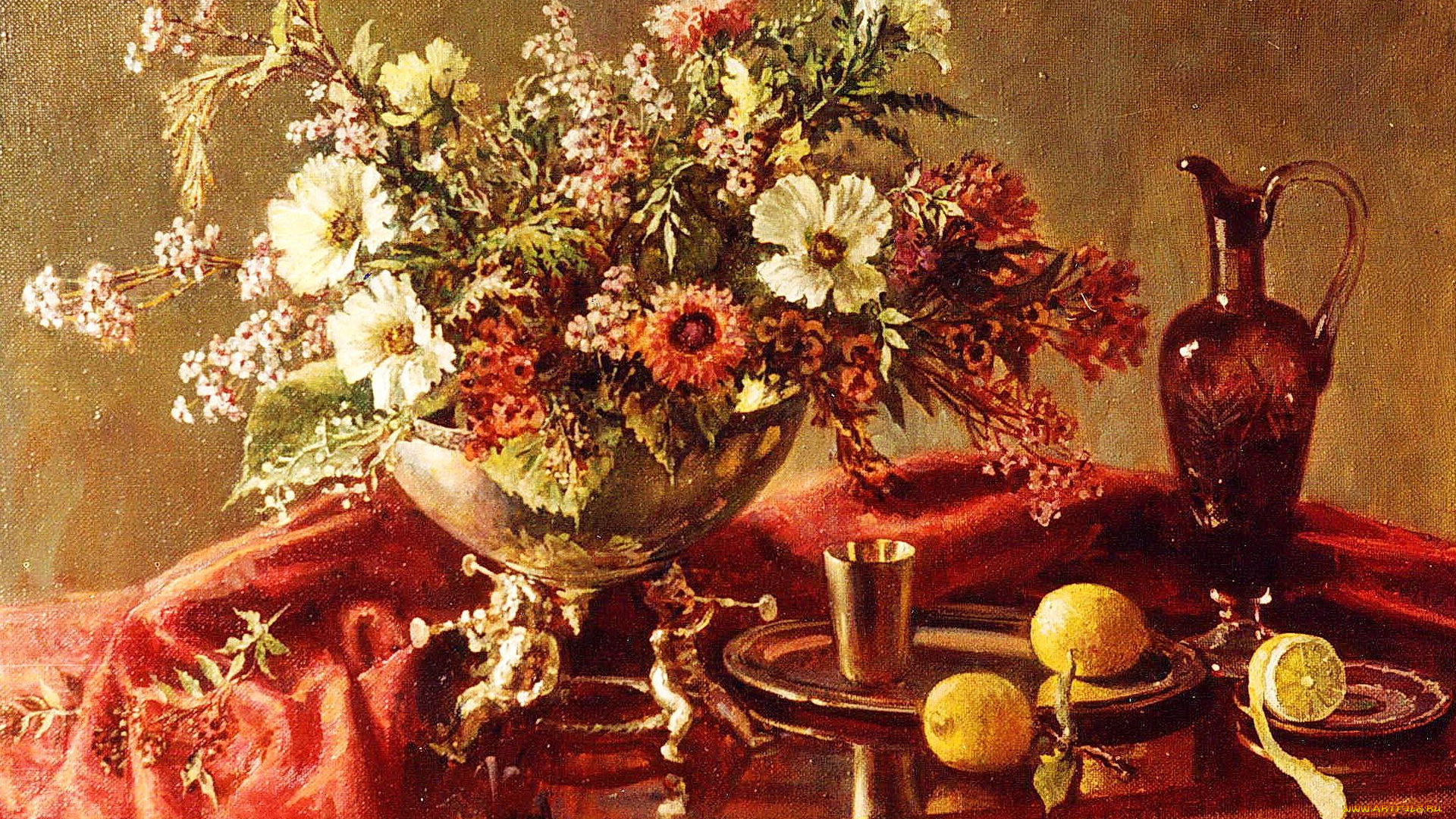 рисованные, цветы, графин, лимоны