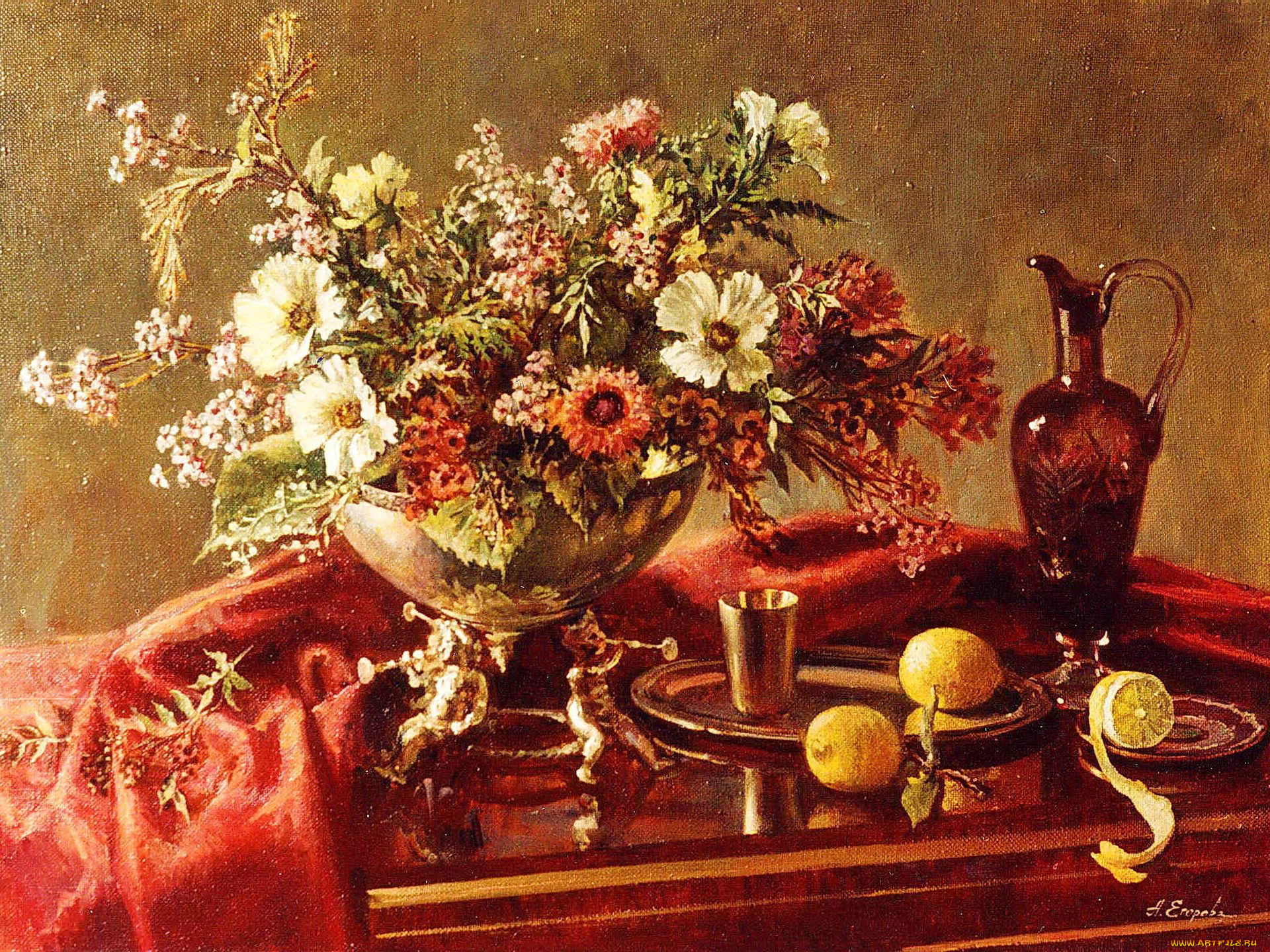 рисованные, цветы, графин, лимоны