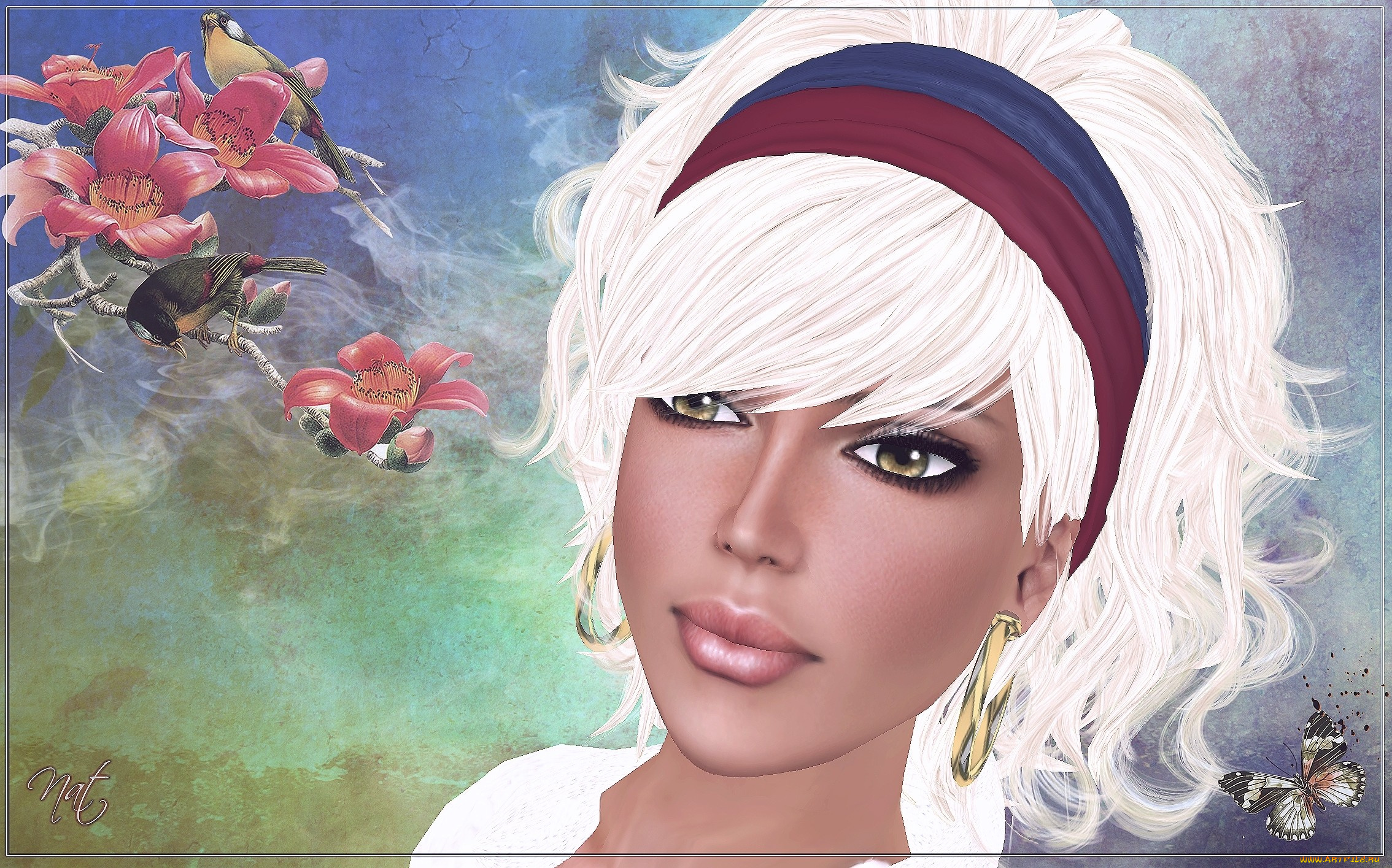 3д, графика, portraits, портрет, блондинка, цветы, бабочки, птицы