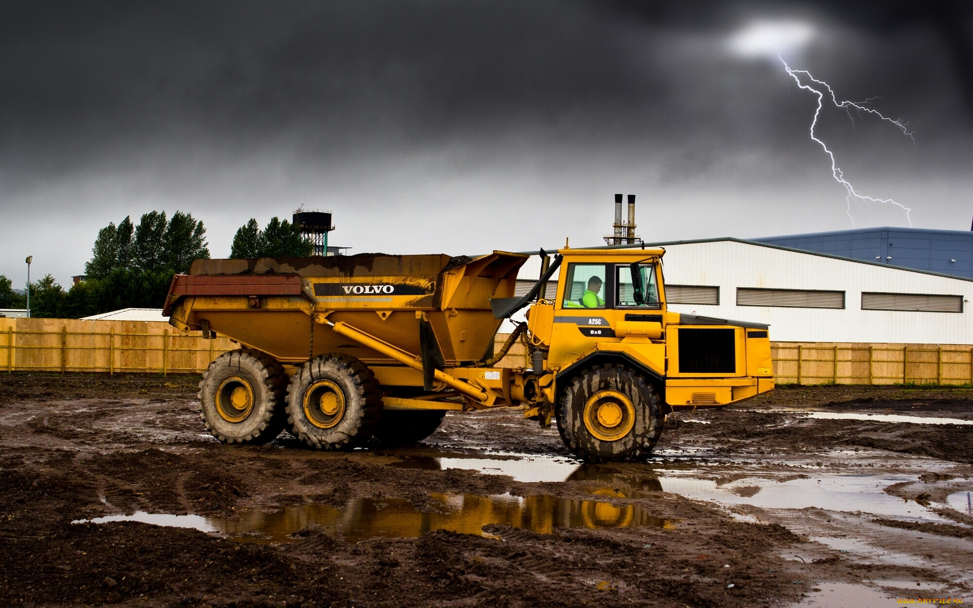 volvo, a25c, 6x6, техника, строительная, лужи, молния, сочленённый, самосвал