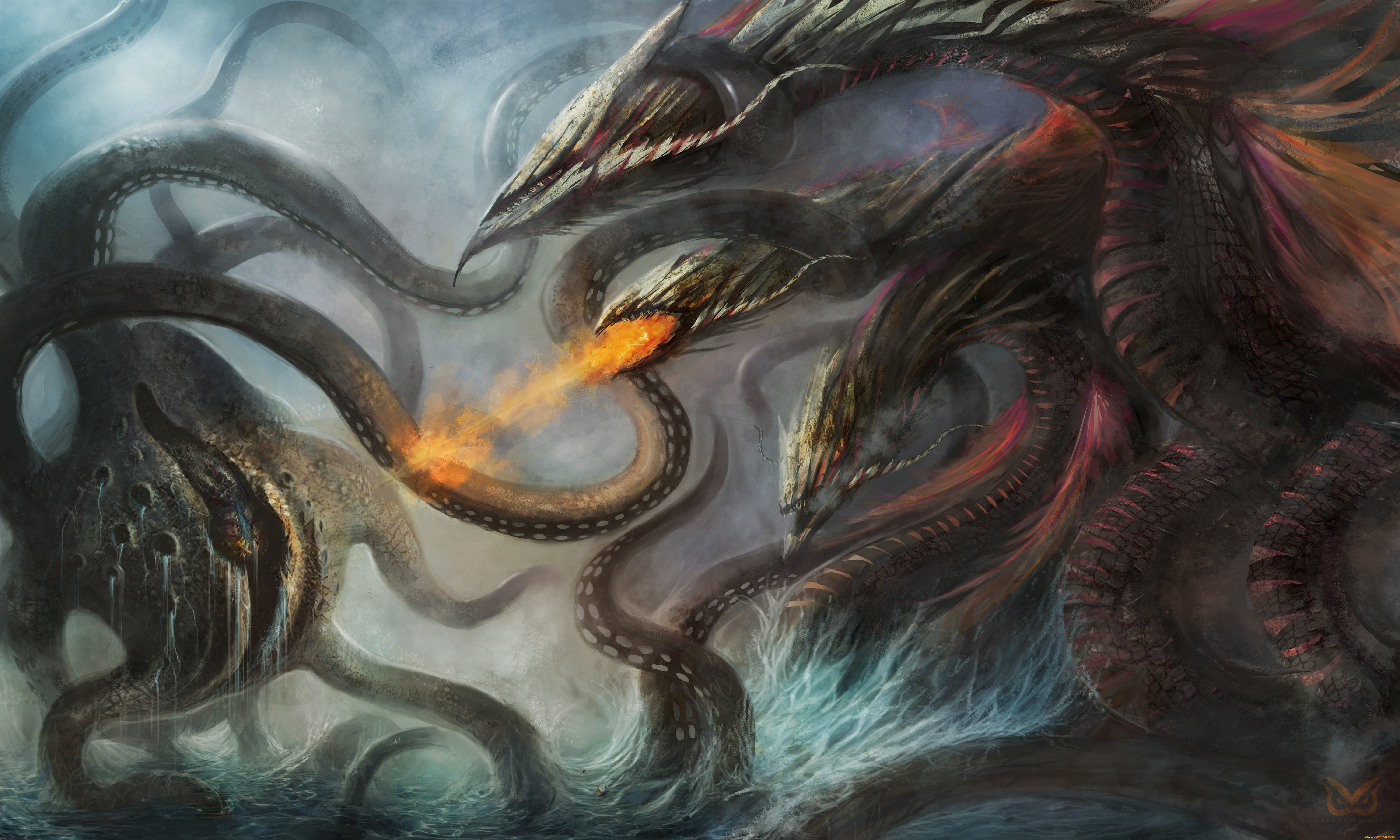 фэнтези, существа, огонь, щупальца