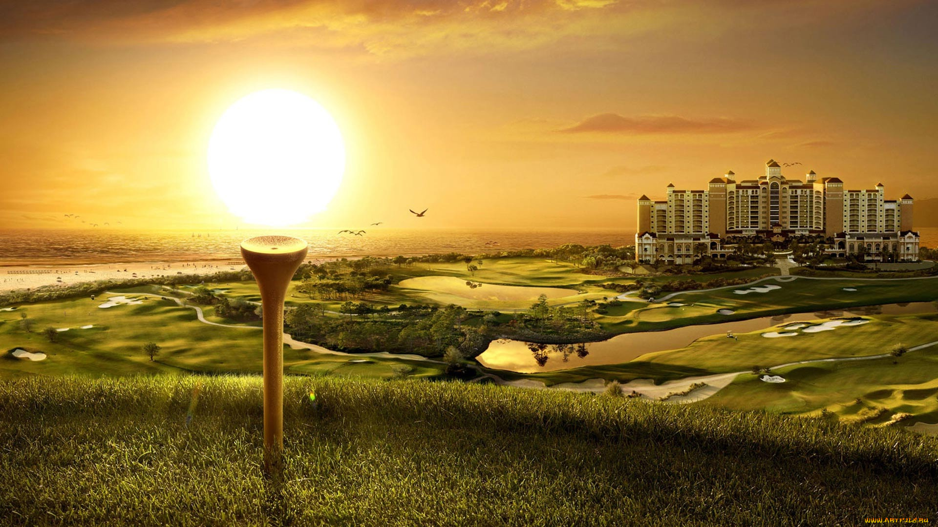 3д, графика, природа, , nature, город, холмы, трава, светильник, небо, закат, море, птицы, дом, здание, озера, водоемы