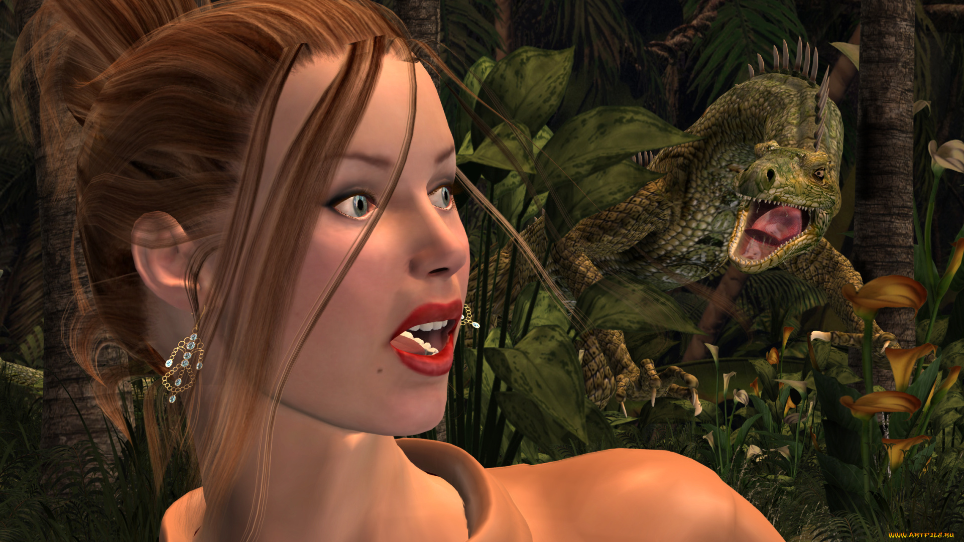 jasmine, 3д, графика, фантазия, , fantasy, девушка, взгляд, испуг, динозавр