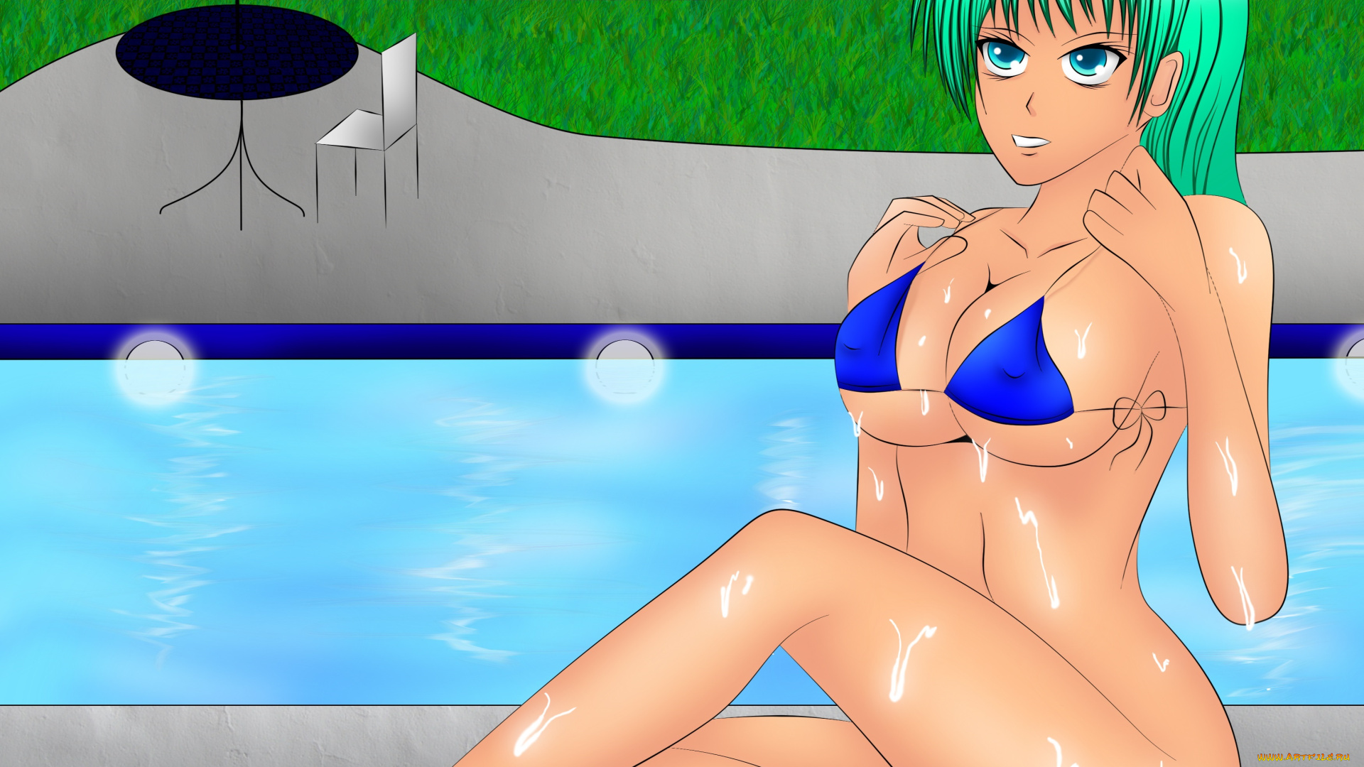 рисованные, люди, бассейн, взгляд, девушка