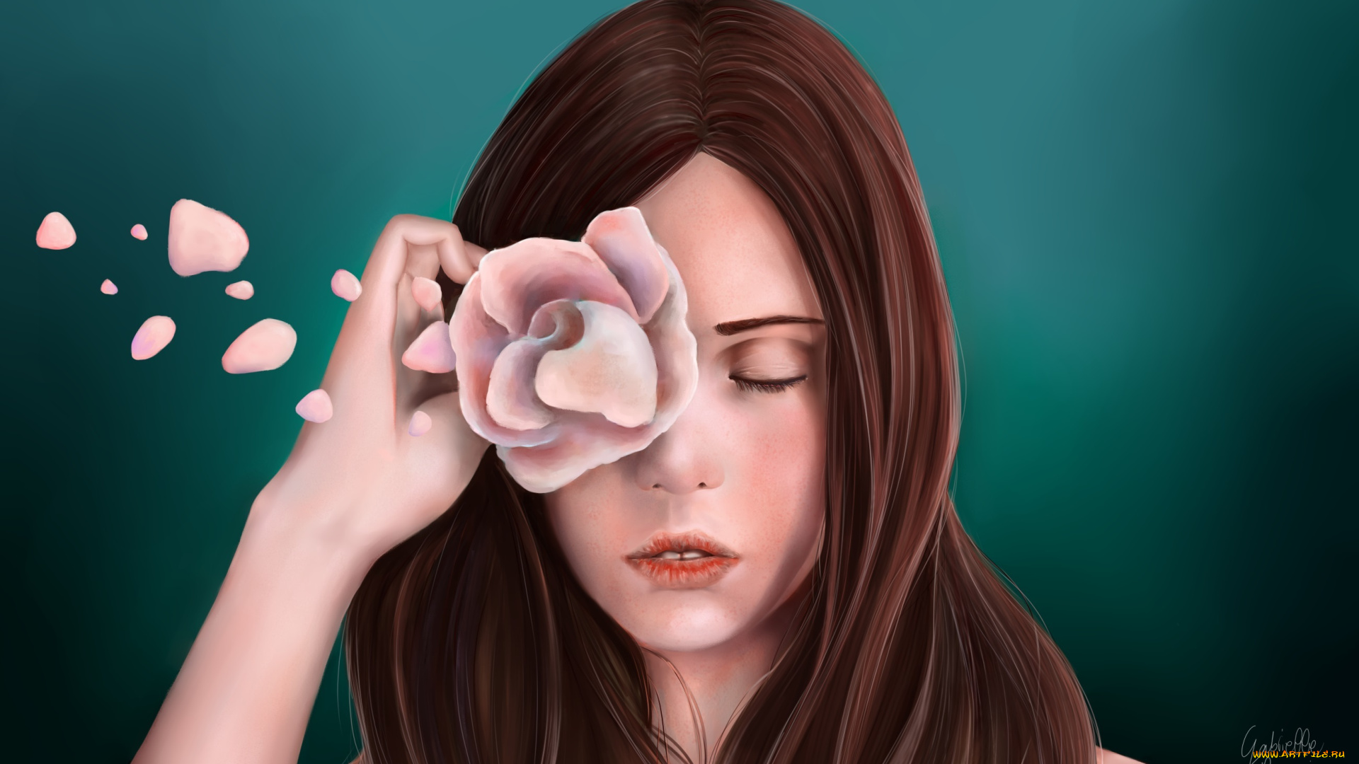 рисованные, люди, лицо, волосы, фон, лепестки, закрытые, глаза, девушка, gabrielle, ragusi, роза, цветок, рука