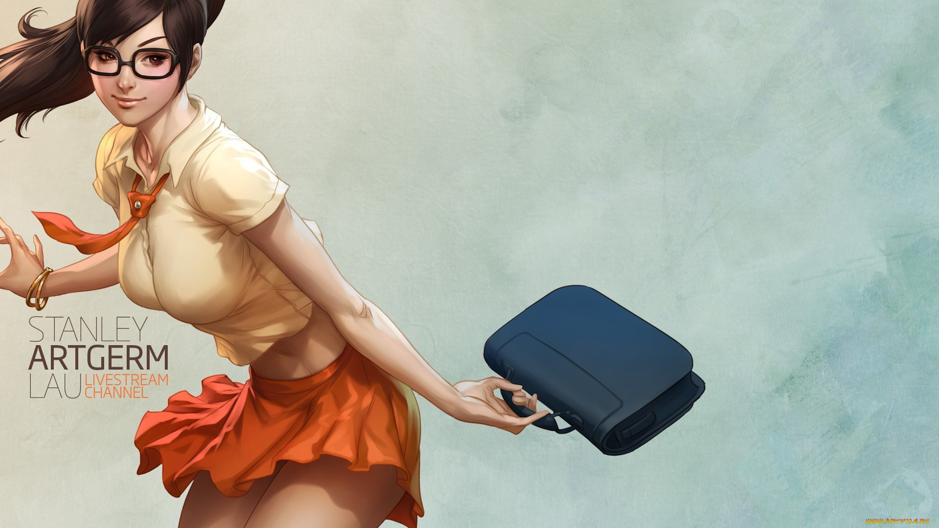рисованные, люди, stanley, lau, фон, очки, сумка, девушка