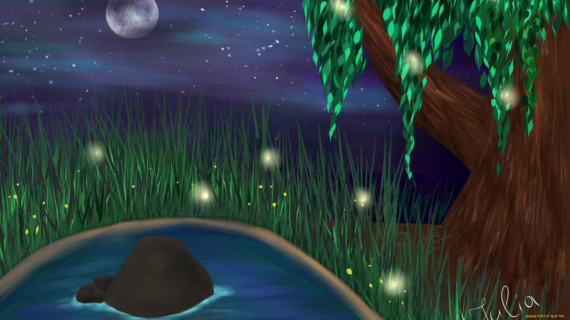 рисованные, природа, ночь, дерево, звезды, луна, трава, водоем
