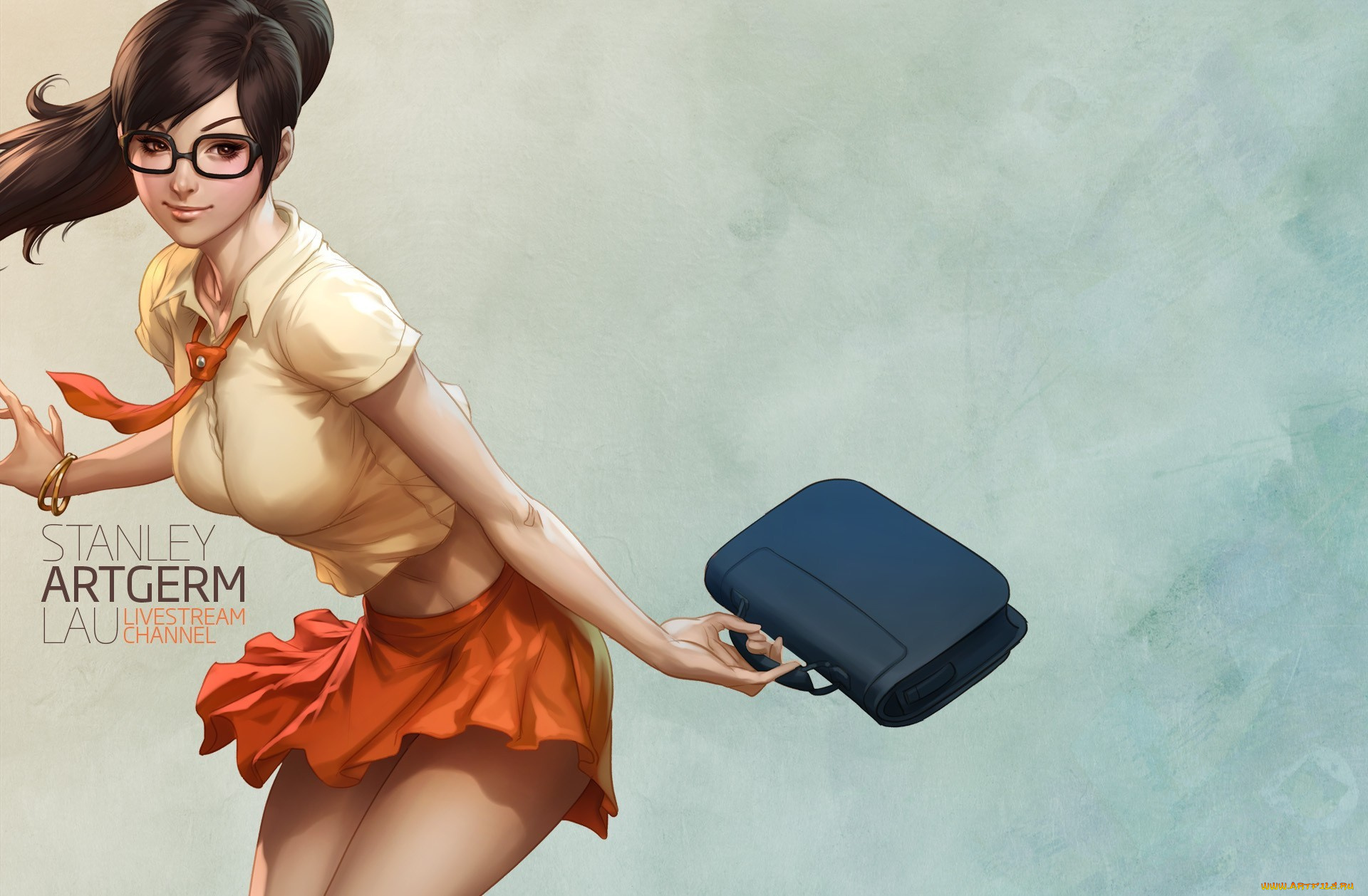 рисованные, люди, stanley, lau, фон, очки, сумка, девушка