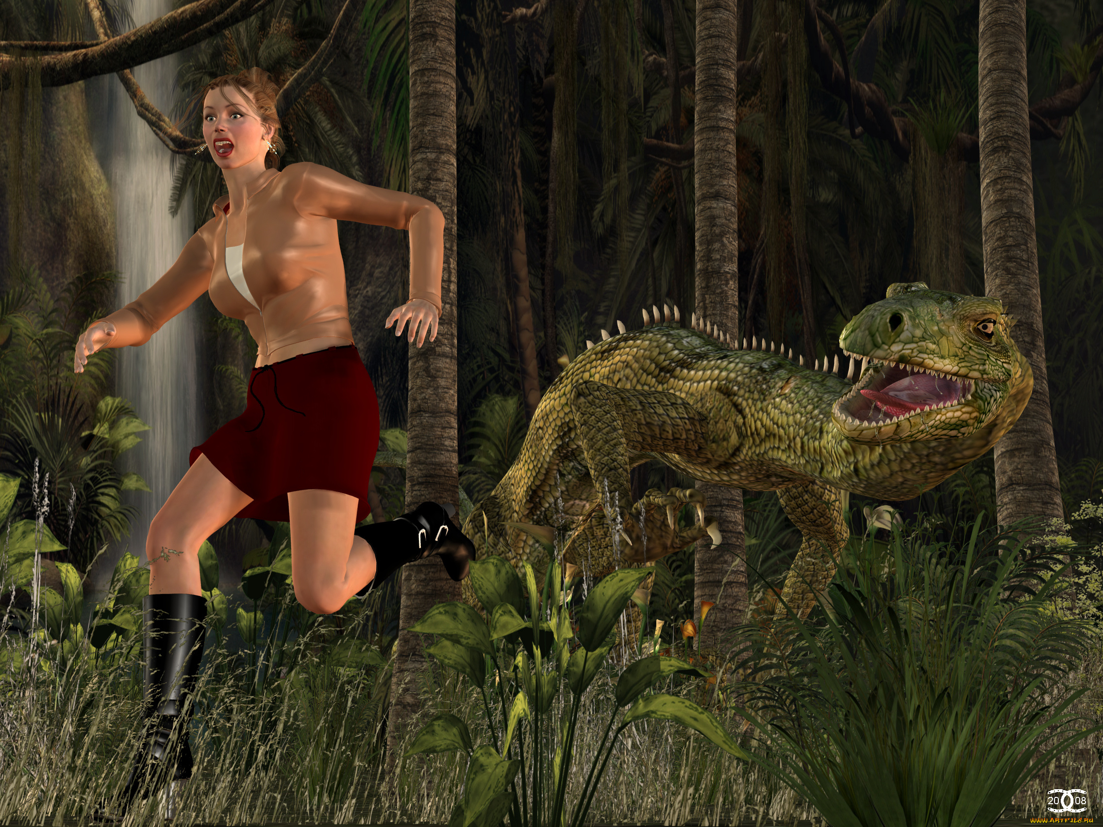 jasmine, 3д, графика, фантазия, , fantasy, девушка, динозавр, лес