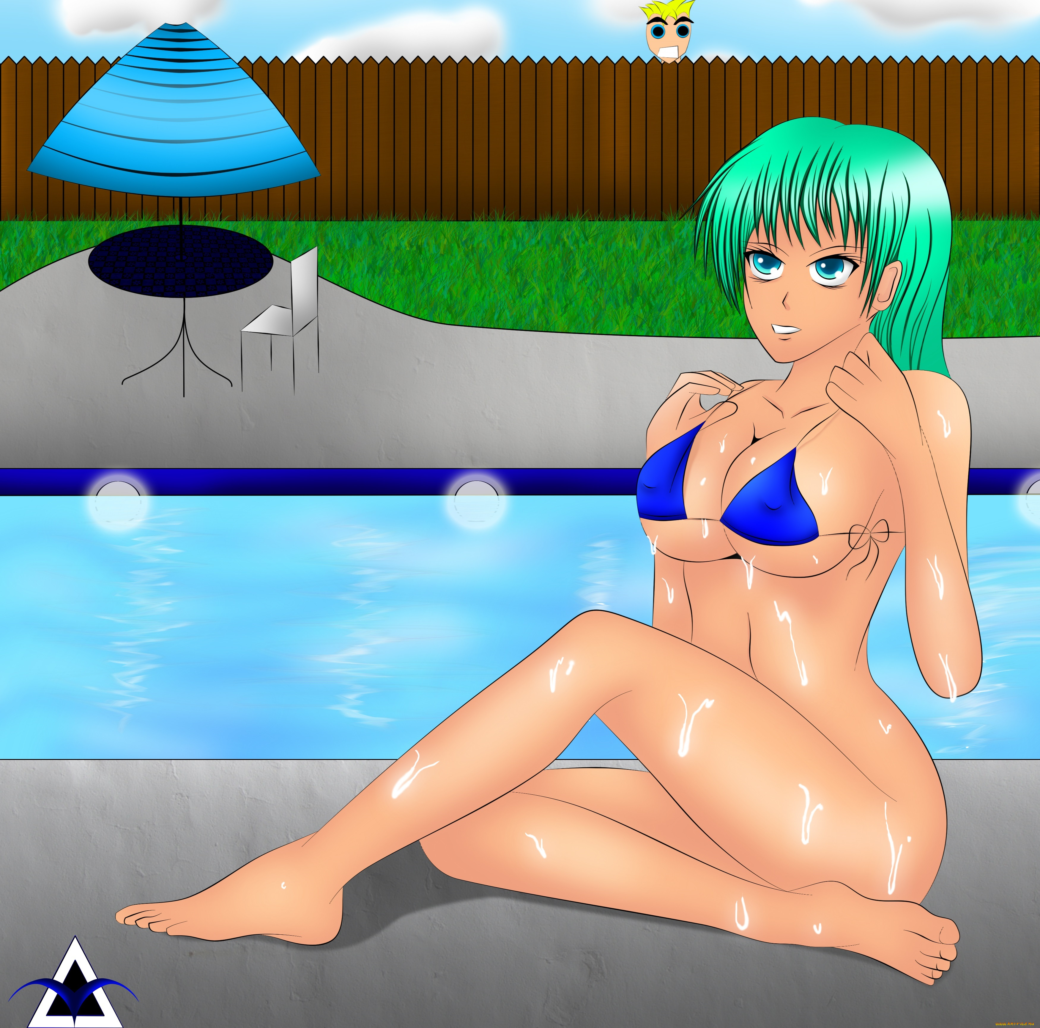 рисованные, люди, бассейн, взгляд, девушка