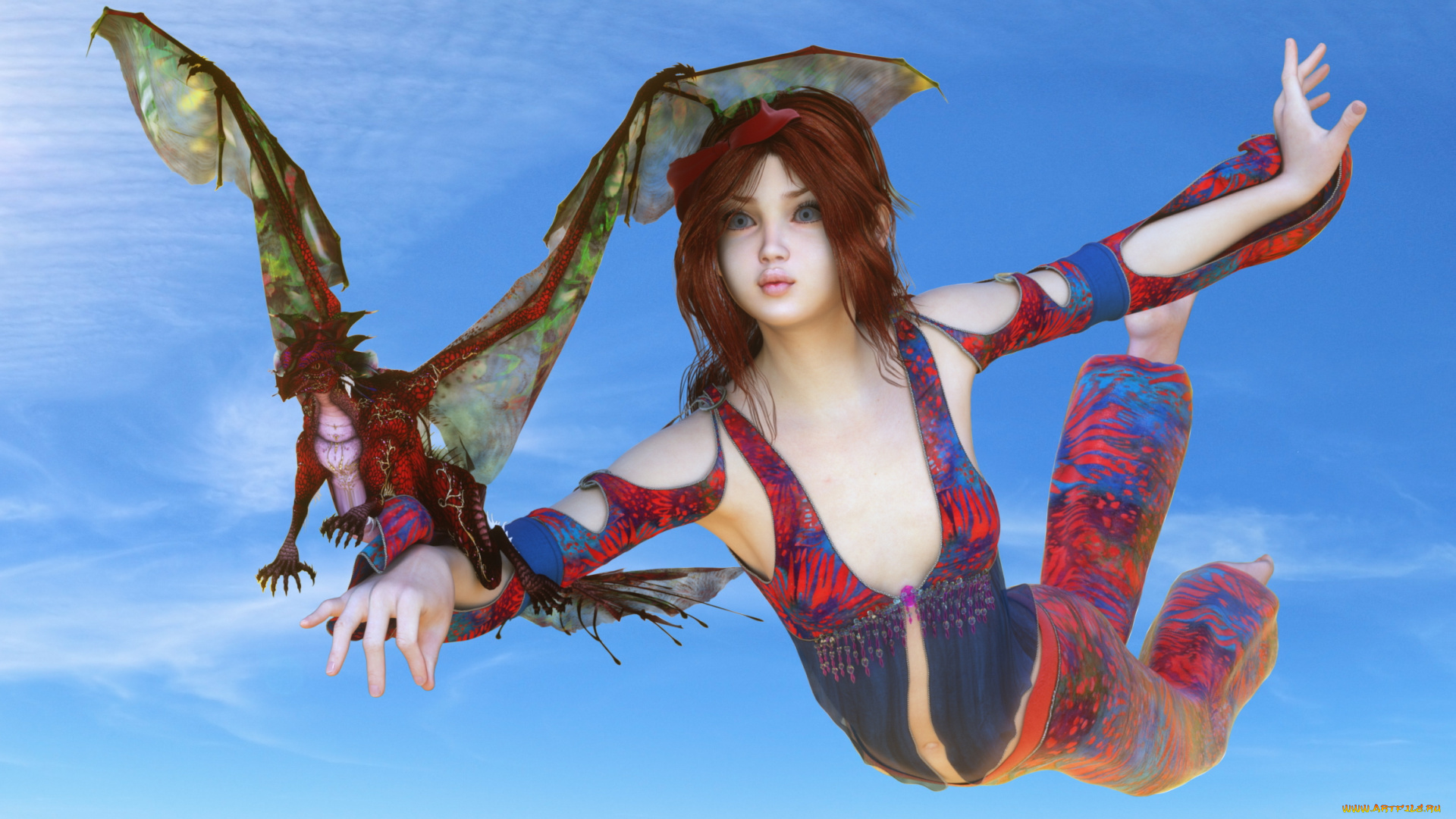 3д, графика, фантазия, , fantasy, дракон, фон, взгляд, девушка