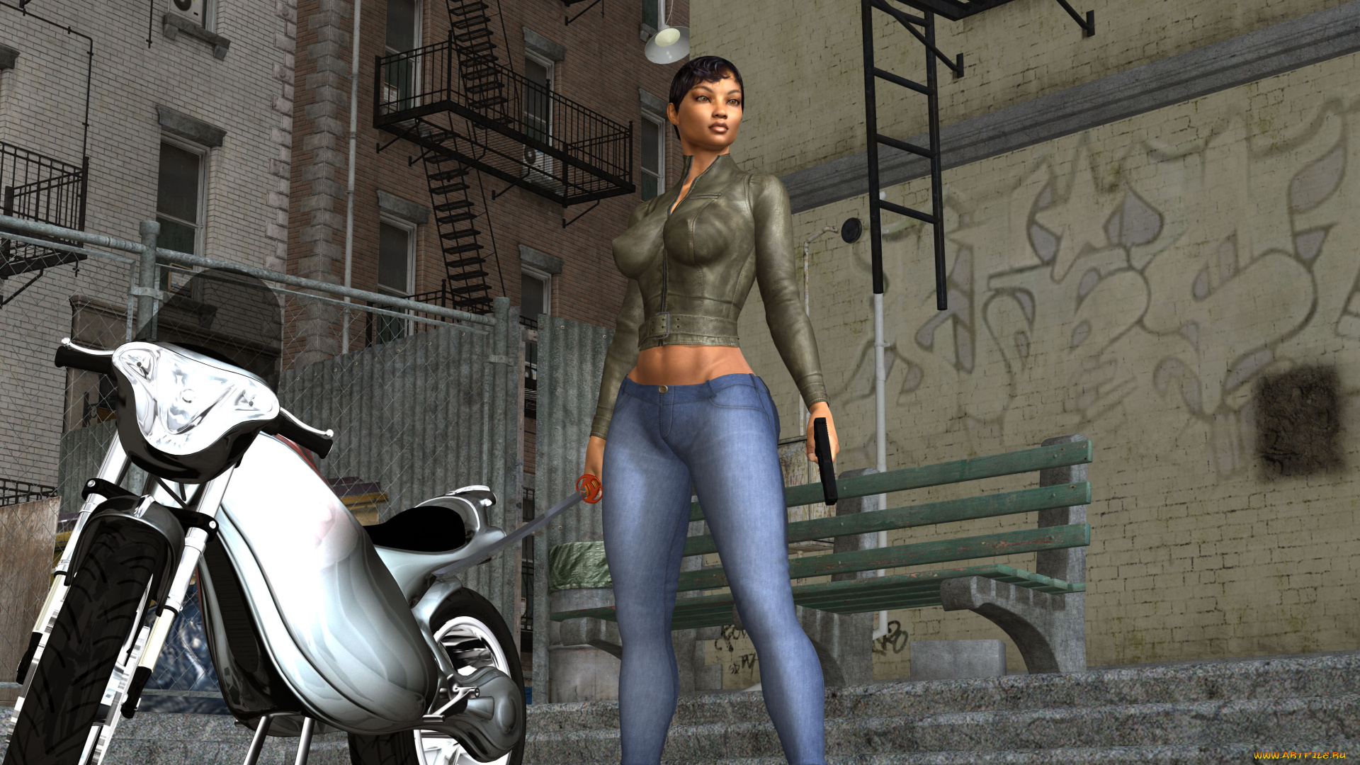 3д, графика, люди, , people, мотоцикл, оружие, фон, взгляд, девушка