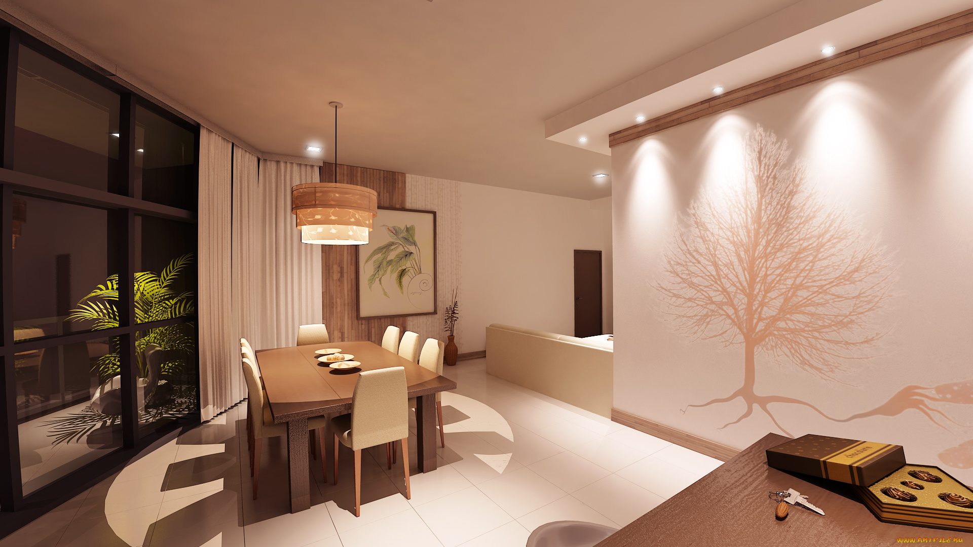3д, графика, реализм, , realism, светильник, стулья, стол, столовая, картина