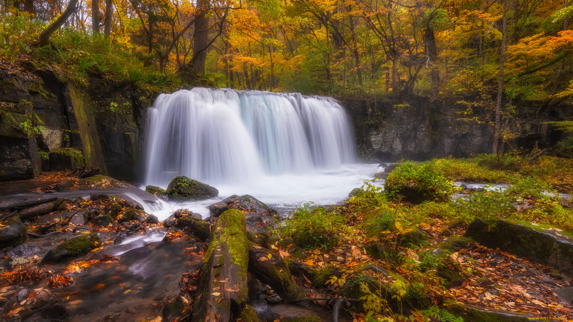 природа, водопады, лес, осень, река