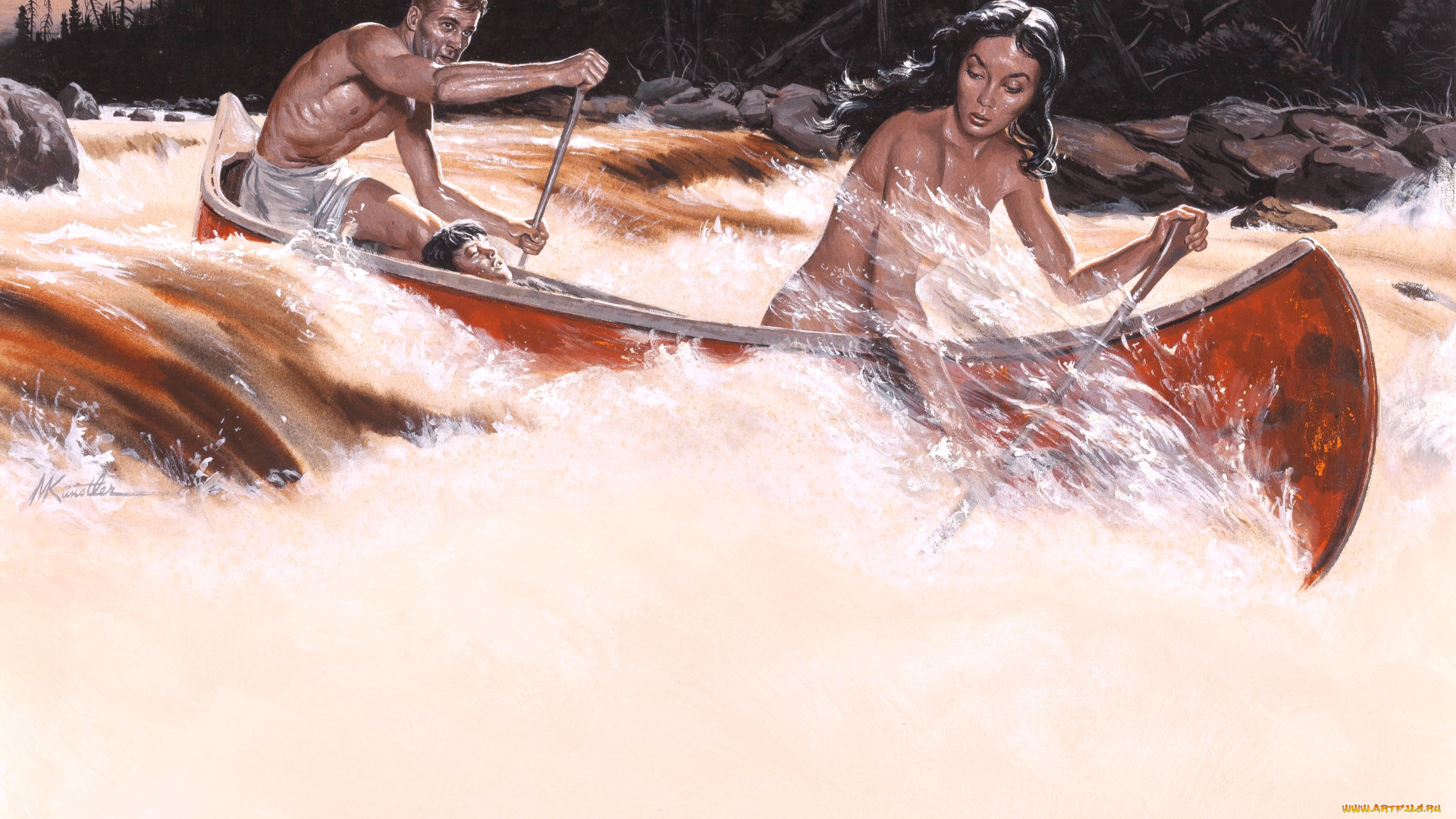 рисованное, люди, пирога, мужчина, женщина, природа, река, морт, kunstler