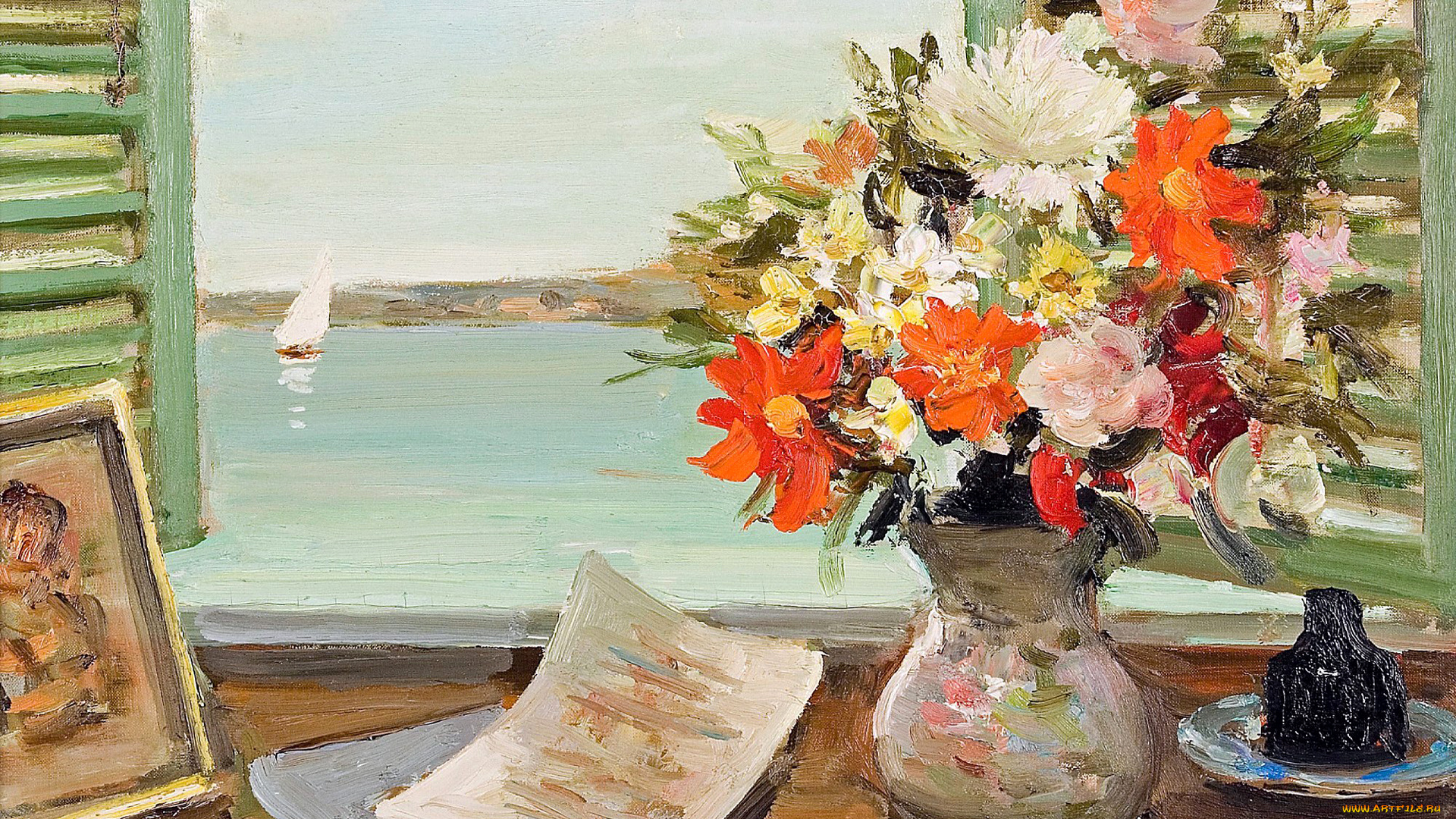 рисованное, живопись, цветы, ваза, лодка, парус, окно, открытые, ставни, марсель, диф