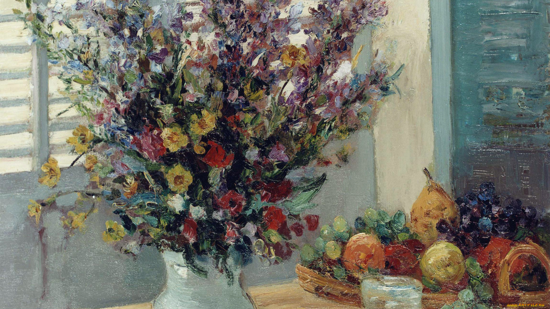 рисованное, живопись, натюрморт, картина, ваза, с, цветами, и, фрукты, на, столе, марсель, диф