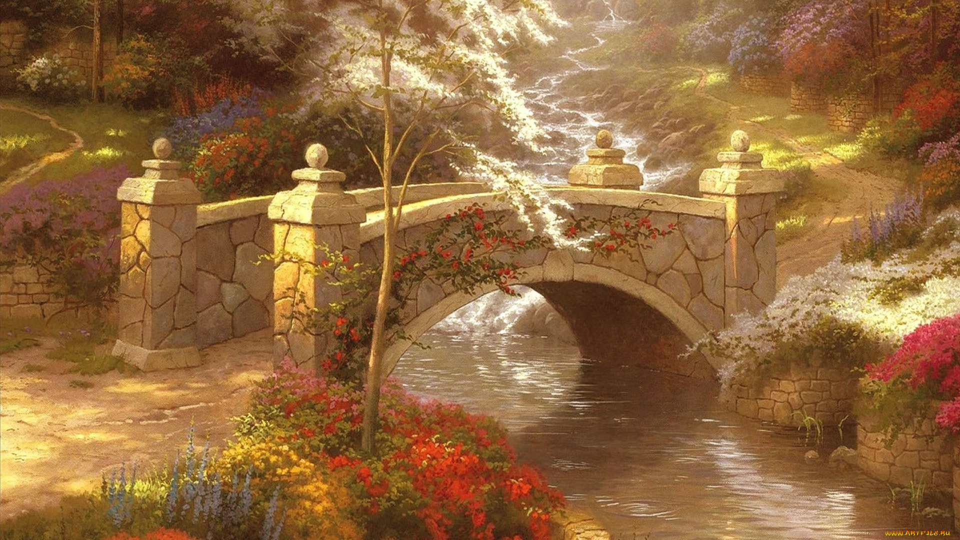 рисованное, живопись, ручей, тропа, деревья, река, мост